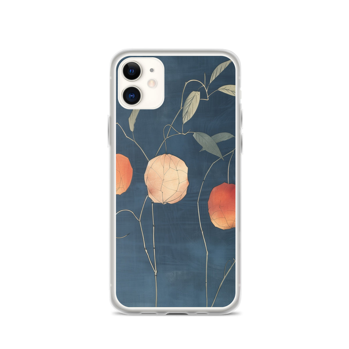 Clear iPhone case: Orange and pale ground cherries hang from slender stems against a deep blue background.