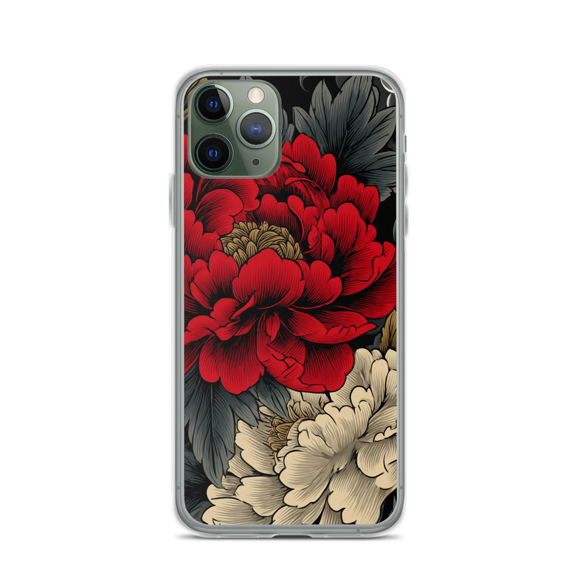 Clear iPhone case: Vermilion and ivory peonies stand out against dark leaves and curling ink-like clouds.