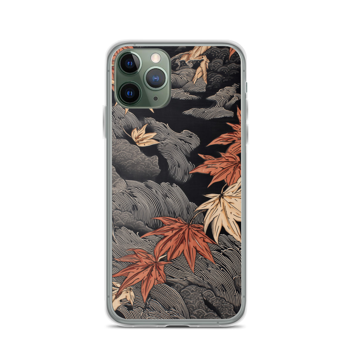 Clear iPhone case: Red and ochre maple leaves stretch across layered rocks and dark flowing water.