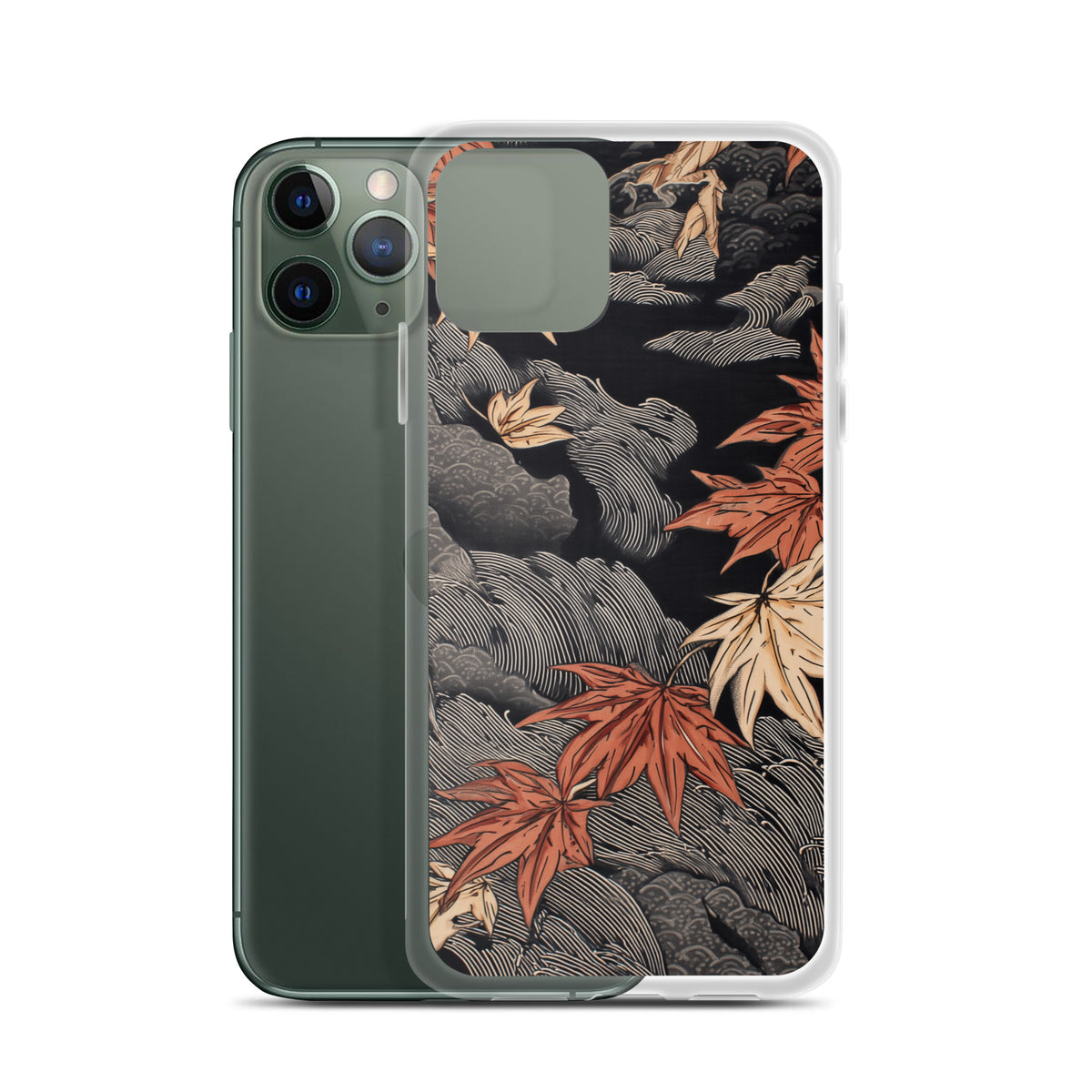 Clear iPhone case: Red and ochre maple leaves stretch across layered rocks and dark flowing water.