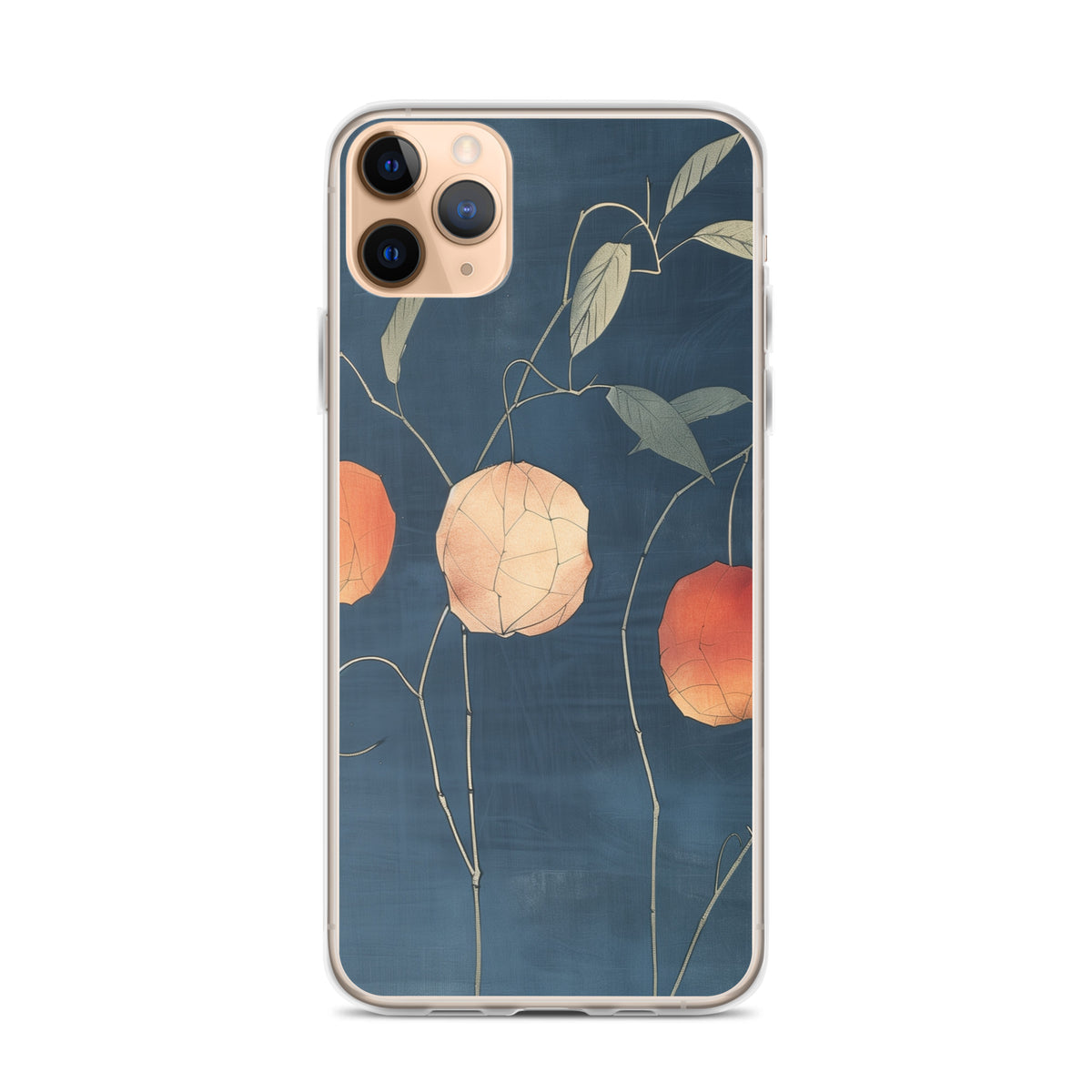 Clear iPhone case: Orange and pale ground cherries hang from slender stems against a deep blue background.