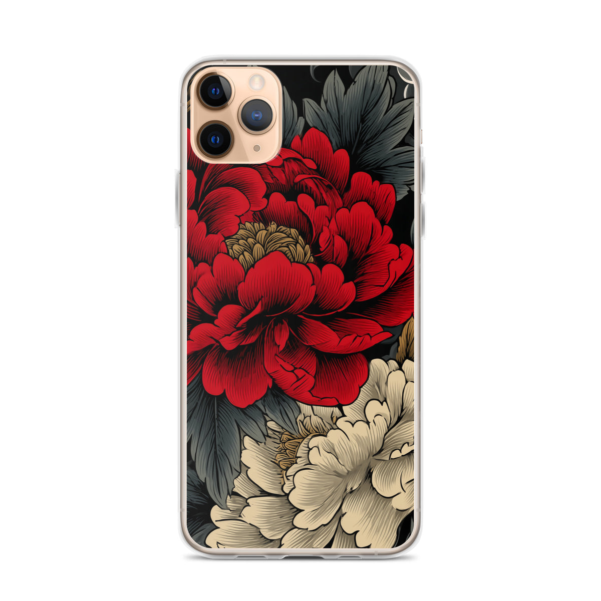 Clear iPhone case: Vermilion and ivory peonies stand out against dark leaves and curling ink-like clouds.