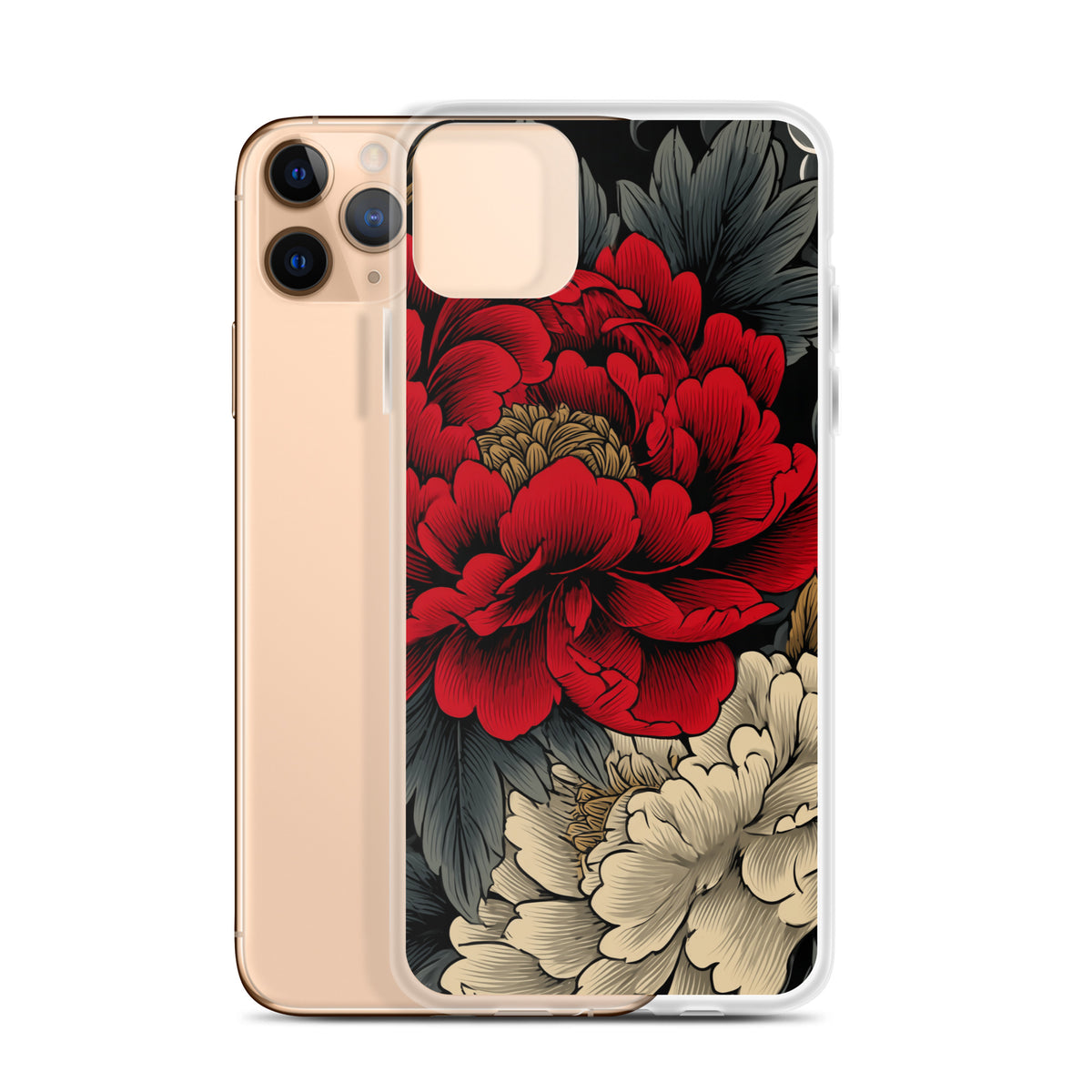 Clear iPhone case: Vermilion and ivory peonies stand out against dark leaves and curling ink-like clouds.
