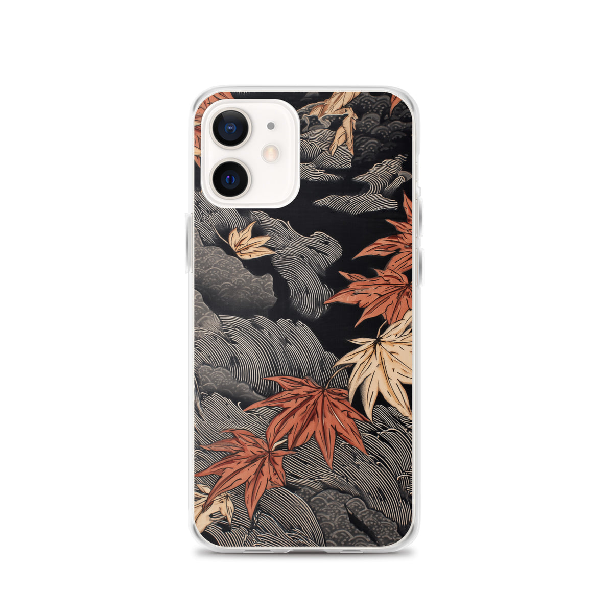 Clear iPhone case: Red and ochre maple leaves stretch across layered rocks and dark flowing water.