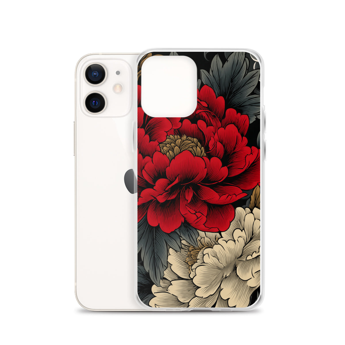 Clear iPhone case: Vermilion and ivory peonies stand out against dark leaves and curling ink-like clouds.