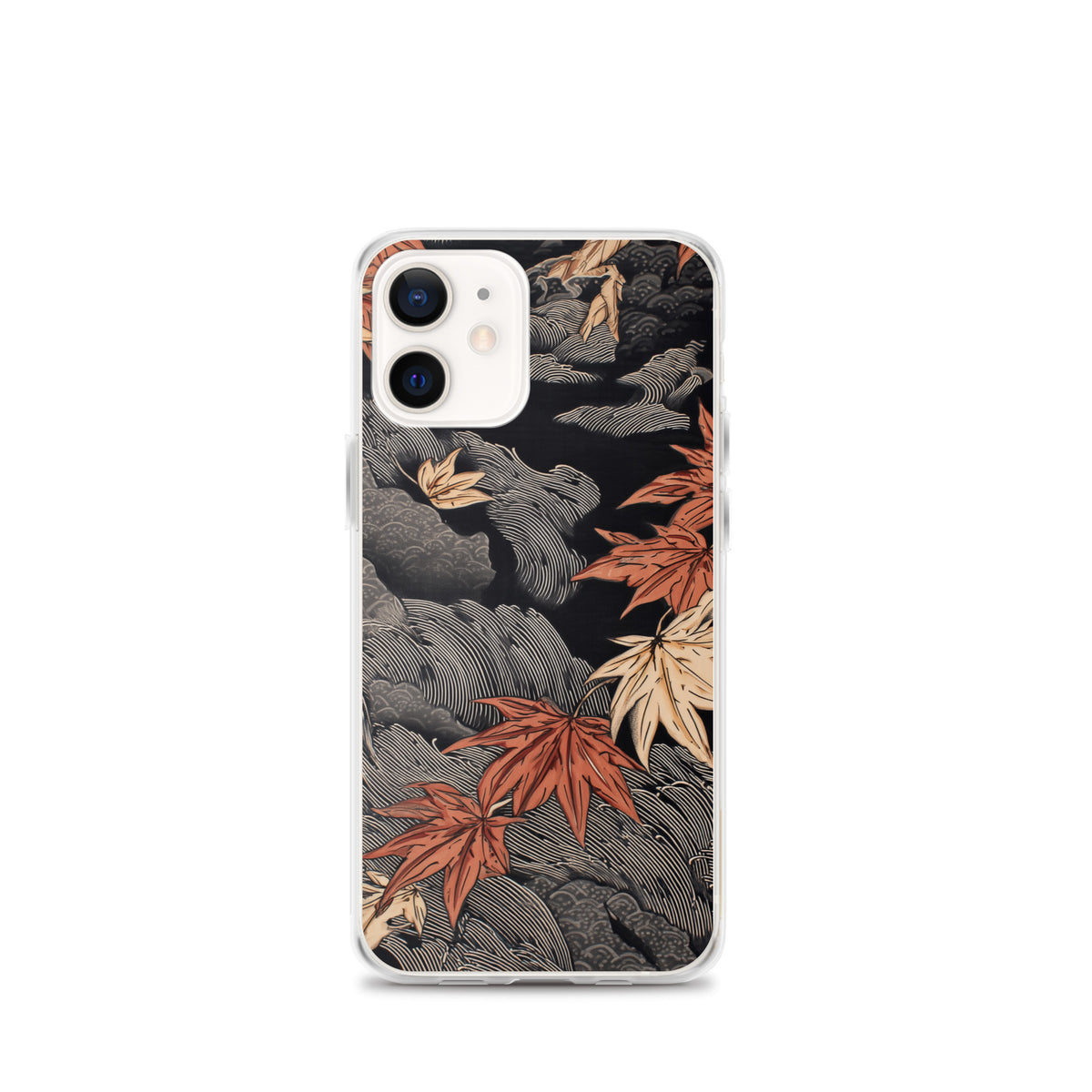 Clear iPhone case: Red and ochre maple leaves stretch across layered rocks and dark flowing water.