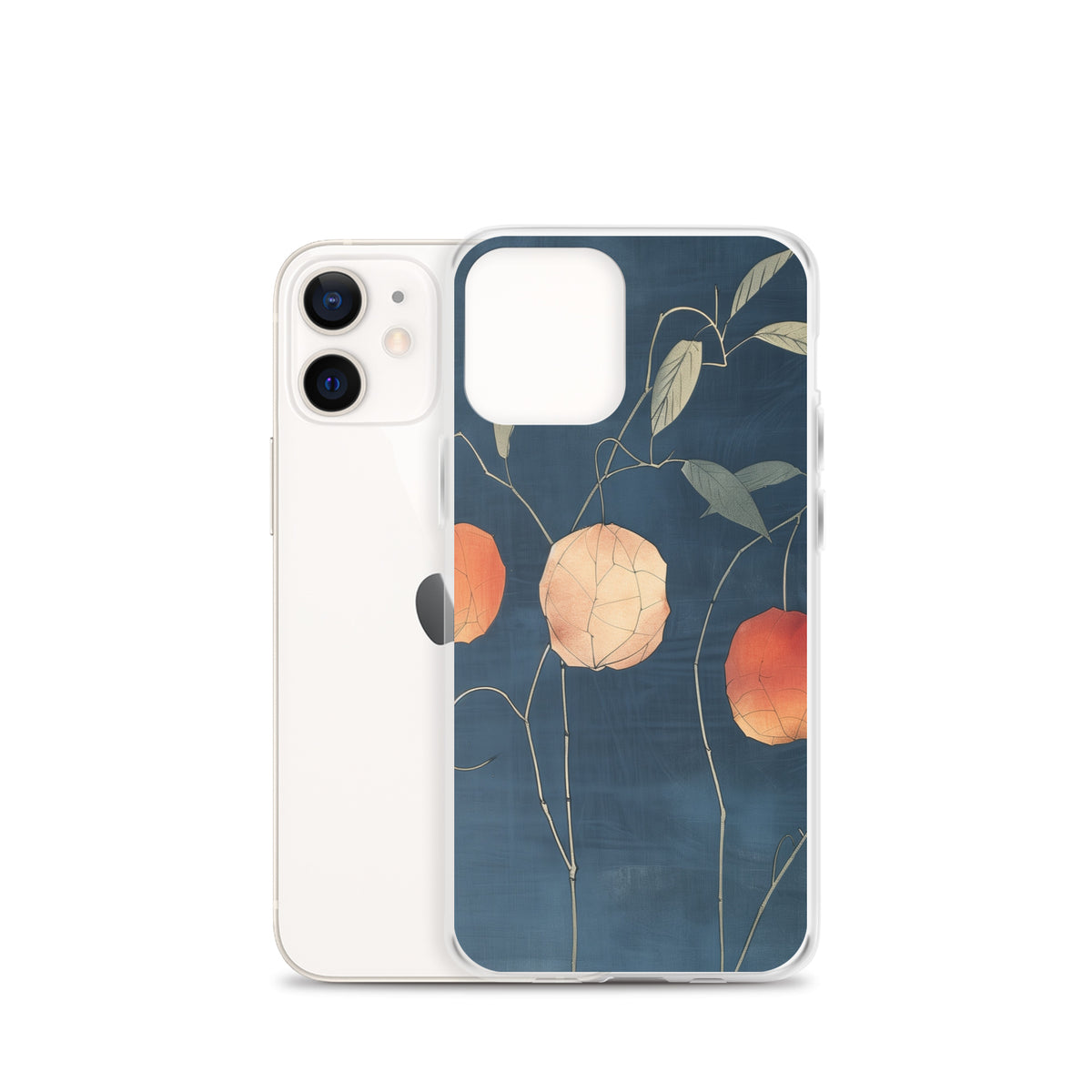 Clear iPhone case: Orange and pale ground cherries hang from slender stems against a deep blue background.
