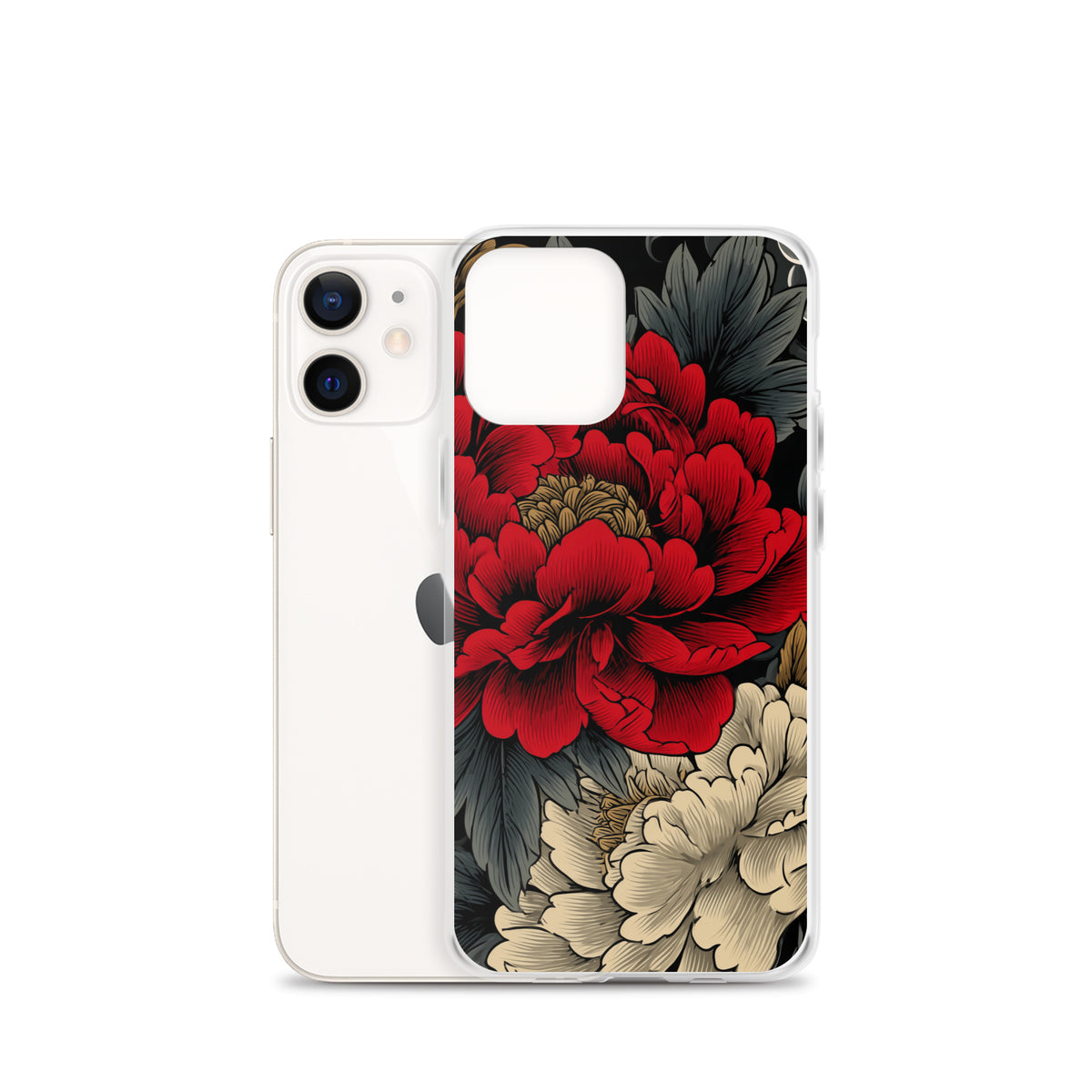 Clear iPhone case: Vermilion and ivory peonies stand out against dark leaves and curling ink-like clouds.