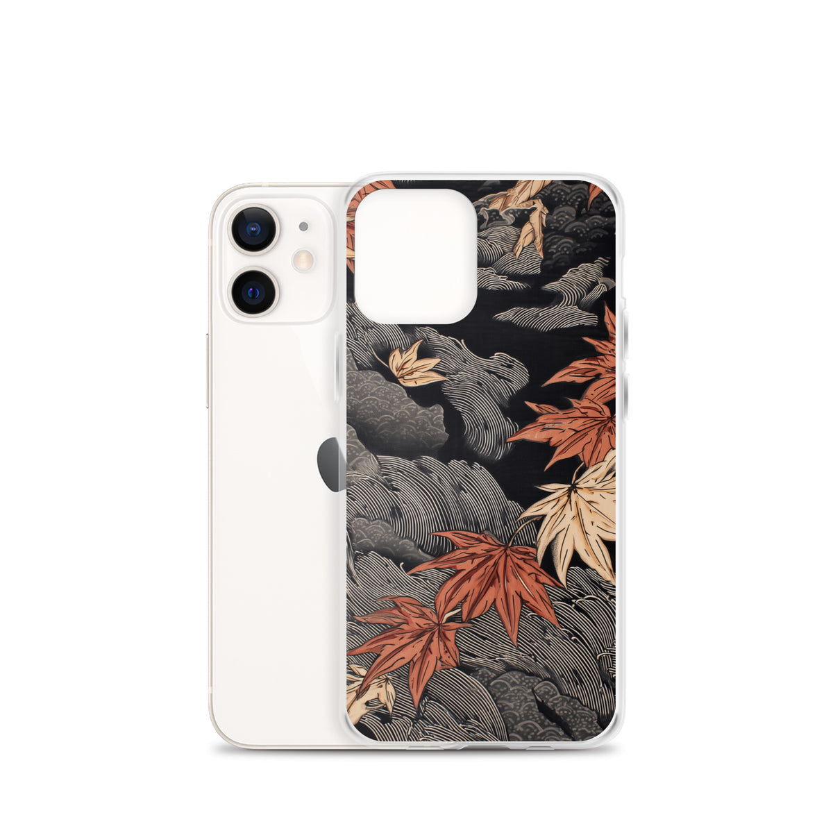 Clear iPhone case: Red and ochre maple leaves stretch across layered rocks and dark flowing water.
