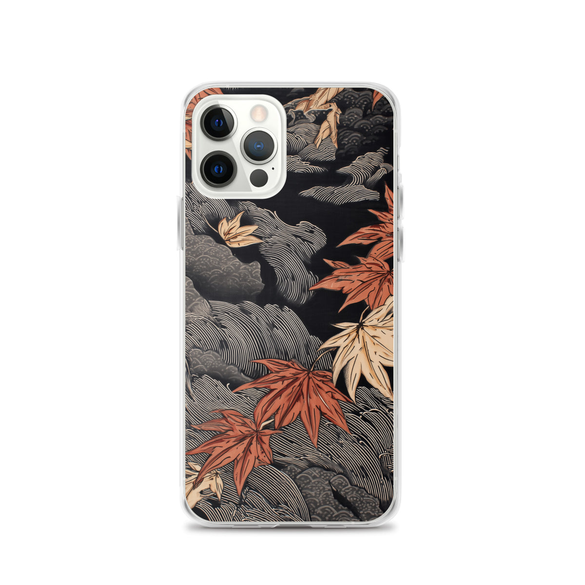 Clear iPhone case: Red and ochre maple leaves stretch across layered rocks and dark flowing water.