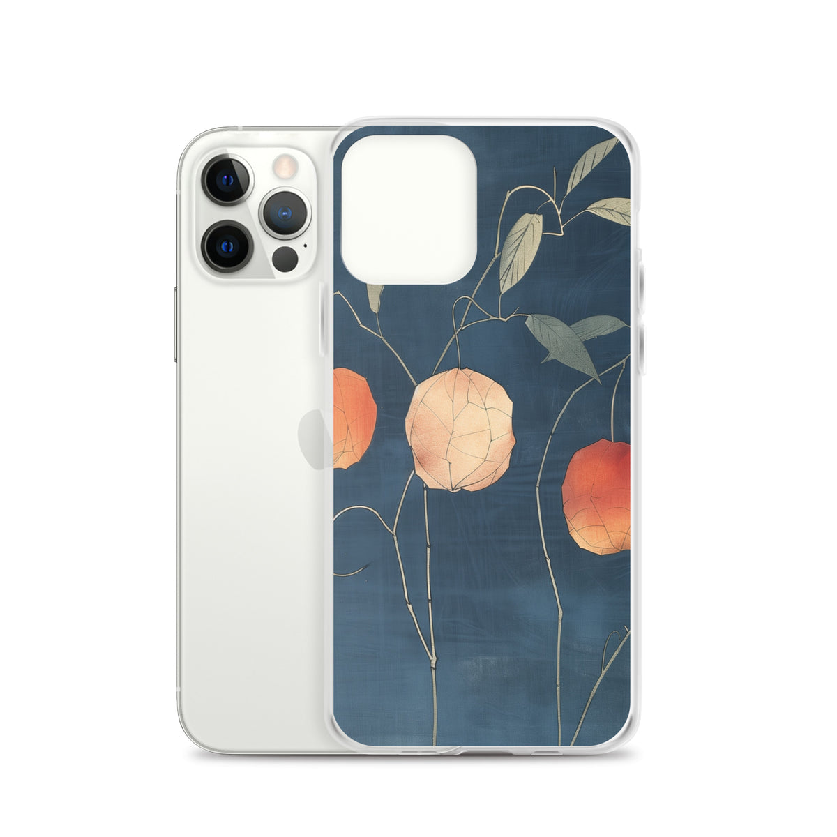 Clear iPhone case: Orange and pale ground cherries hang from slender stems against a deep blue background.