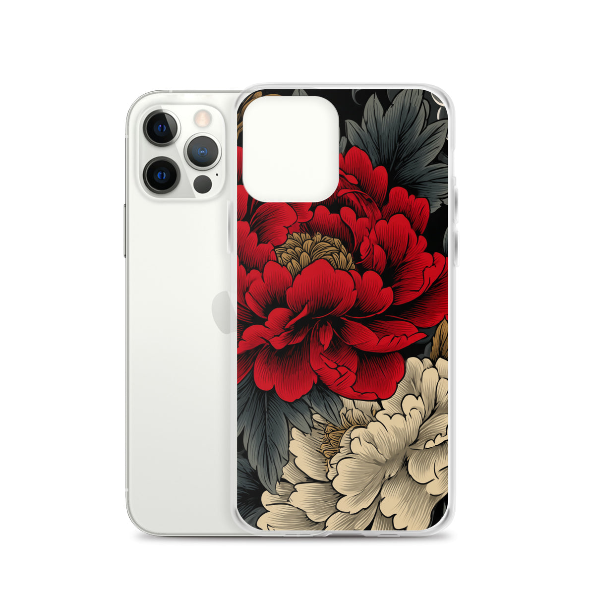 Clear iPhone case: Vermilion and ivory peonies stand out against dark leaves and curling ink-like clouds.