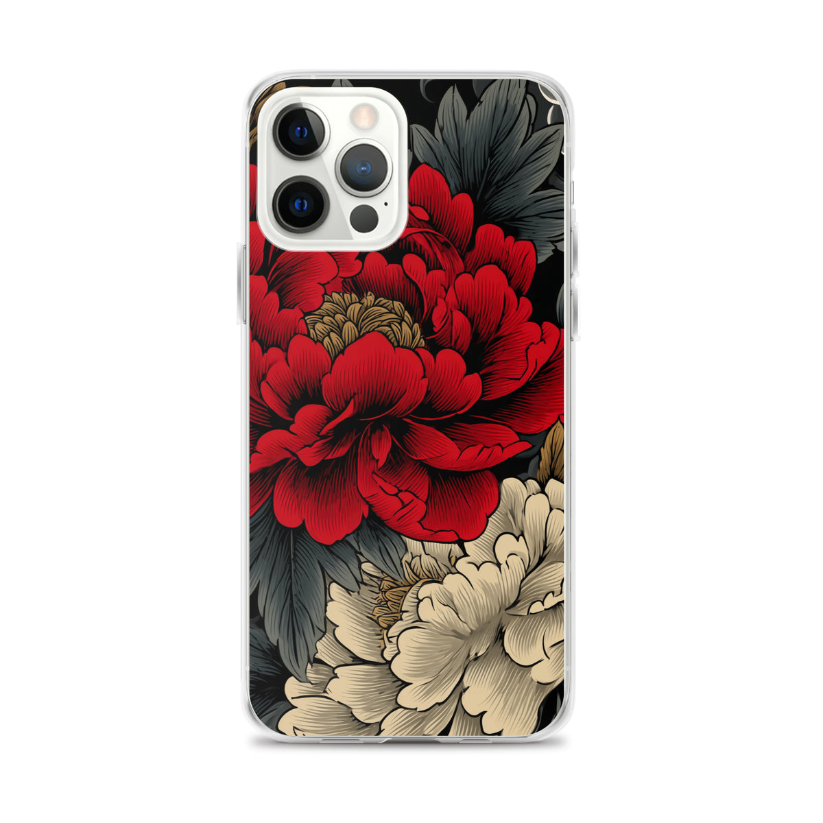 Clear iPhone case: Vermilion and ivory peonies stand out against dark leaves and curling ink-like clouds.