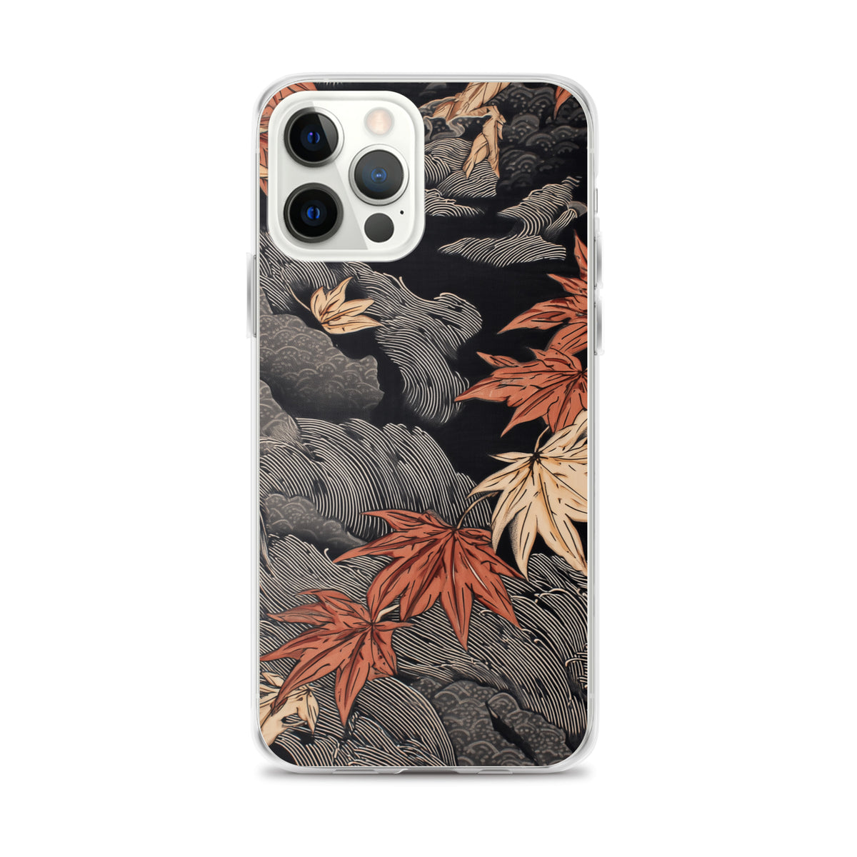 Clear iPhone case: Red and ochre maple leaves stretch across layered rocks and dark flowing water.