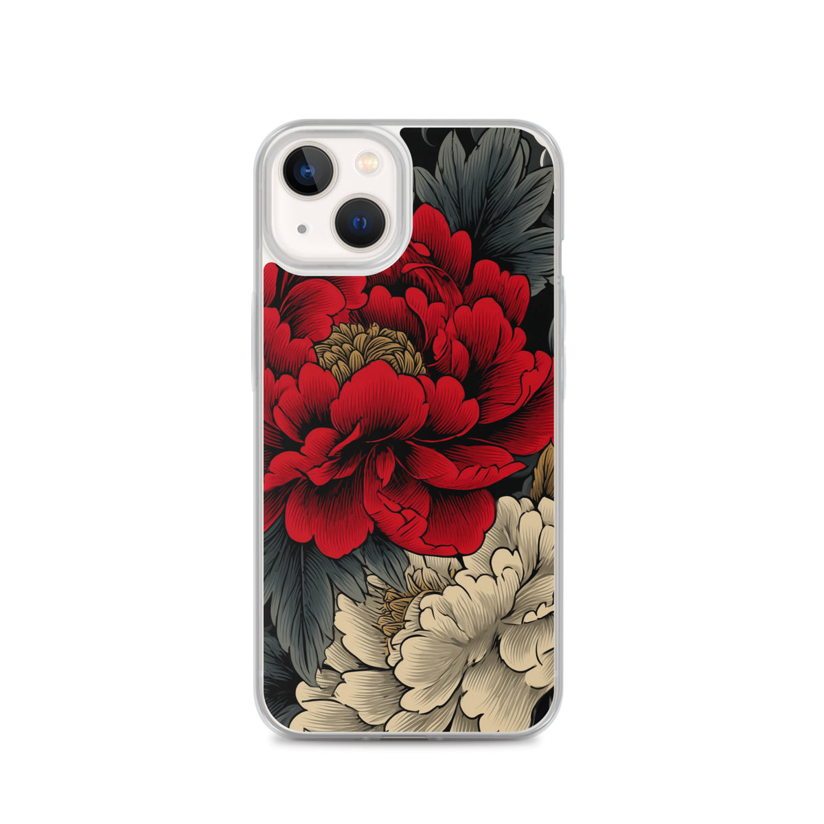 Clear iPhone case: Vermilion and ivory peonies stand out against dark leaves and curling ink-like clouds.