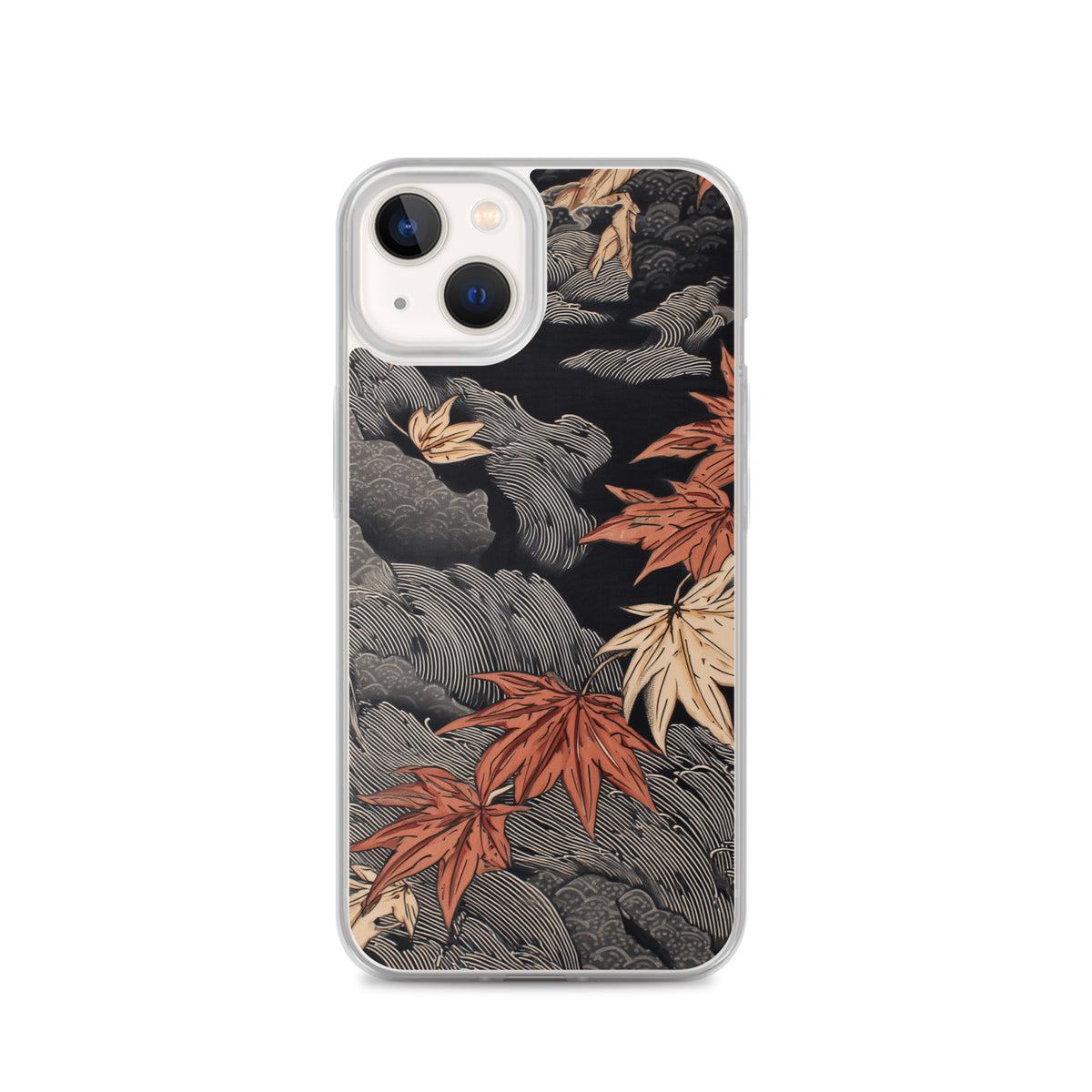 Clear iPhone case: Red and ochre maple leaves stretch across layered rocks and dark flowing water.