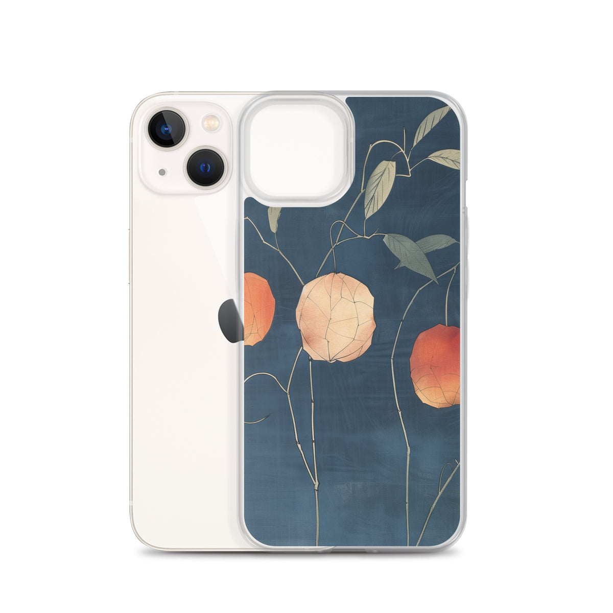 Clear iPhone case: Orange and pale ground cherries hang from slender stems against a deep blue background.