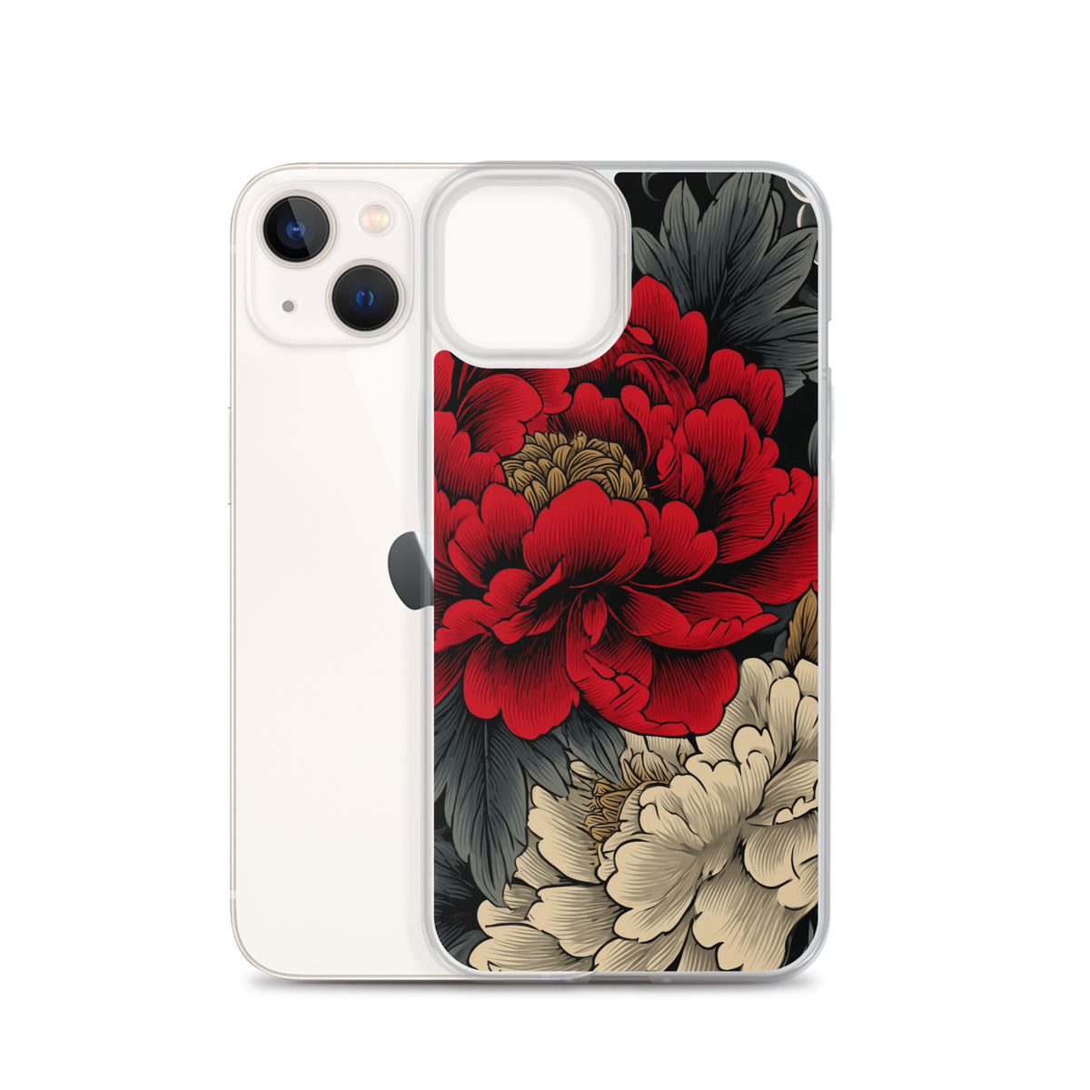 Clear iPhone case: Vermilion and ivory peonies stand out against dark leaves and curling ink-like clouds.