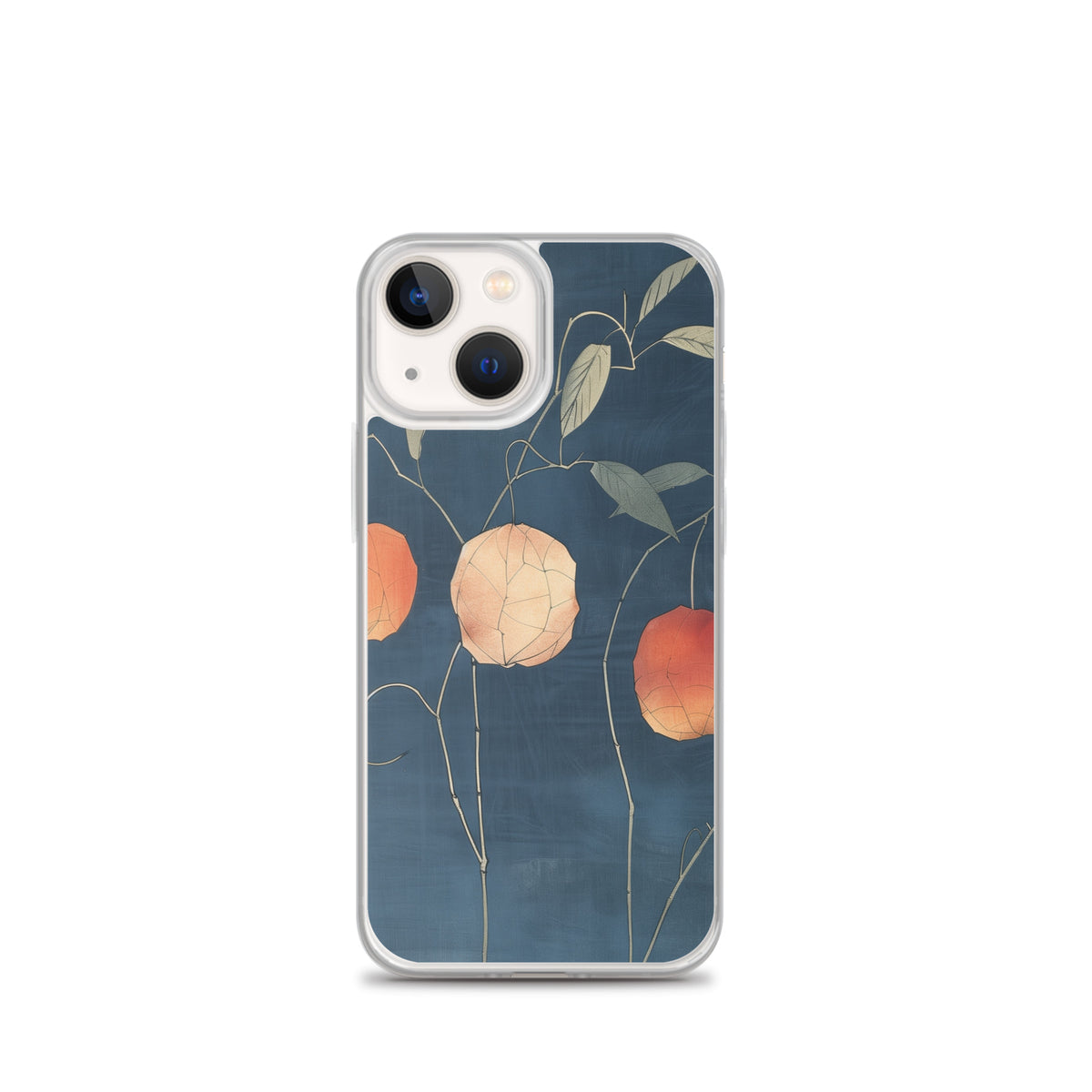 Clear iPhone case: Orange and pale ground cherries hang from slender stems against a deep blue background.