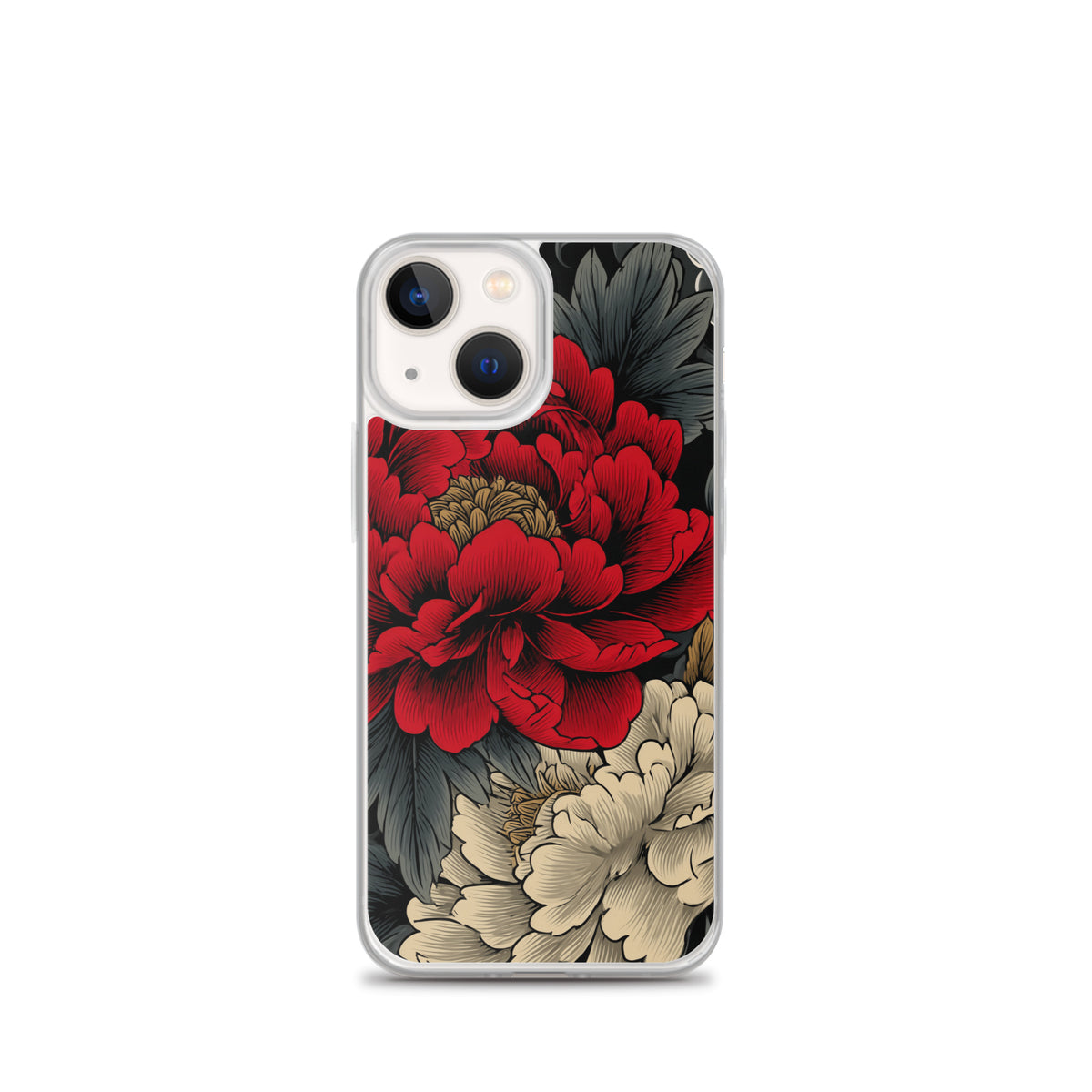 Clear iPhone case: Vermilion and ivory peonies stand out against dark leaves and curling ink-like clouds.