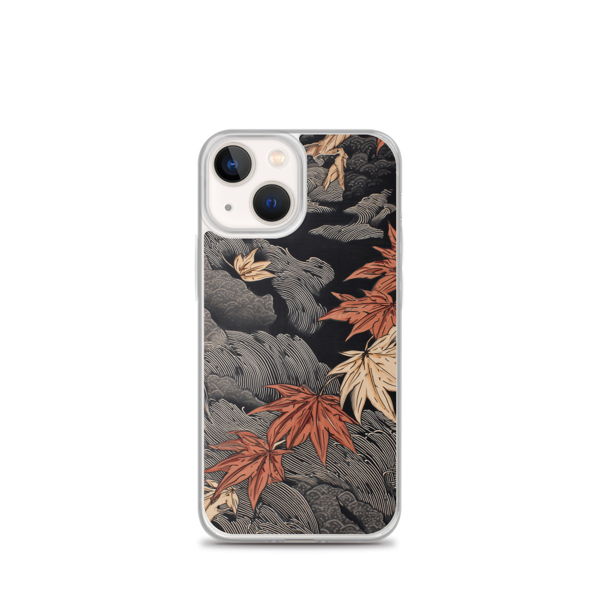 Clear iPhone case: Red and ochre maple leaves stretch across layered rocks and dark flowing water.