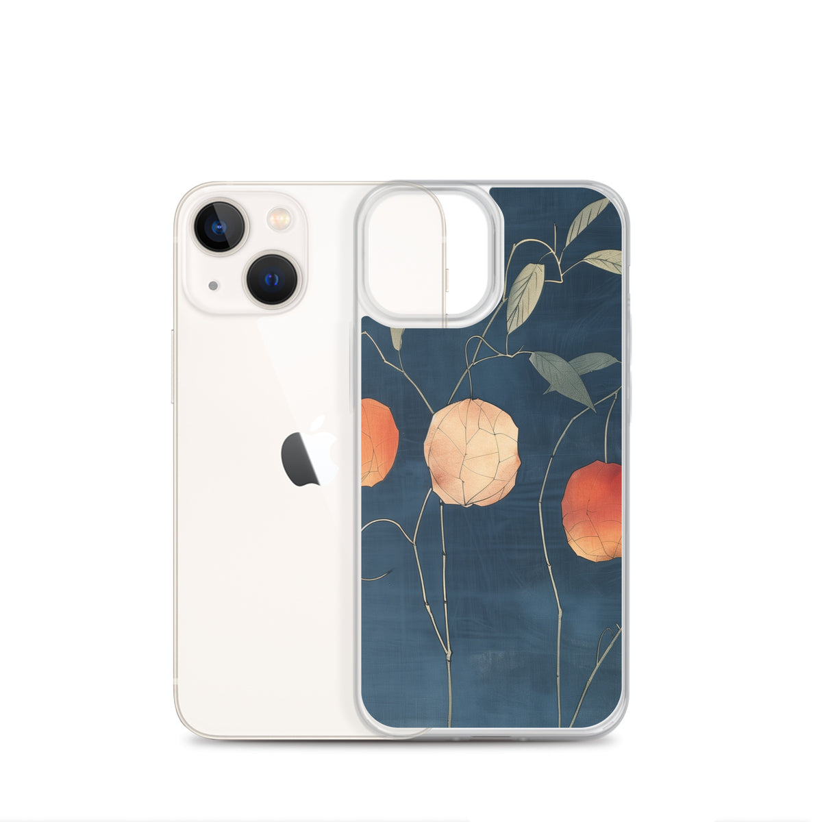 Clear iPhone case: Orange and pale ground cherries hang from slender stems against a deep blue background.