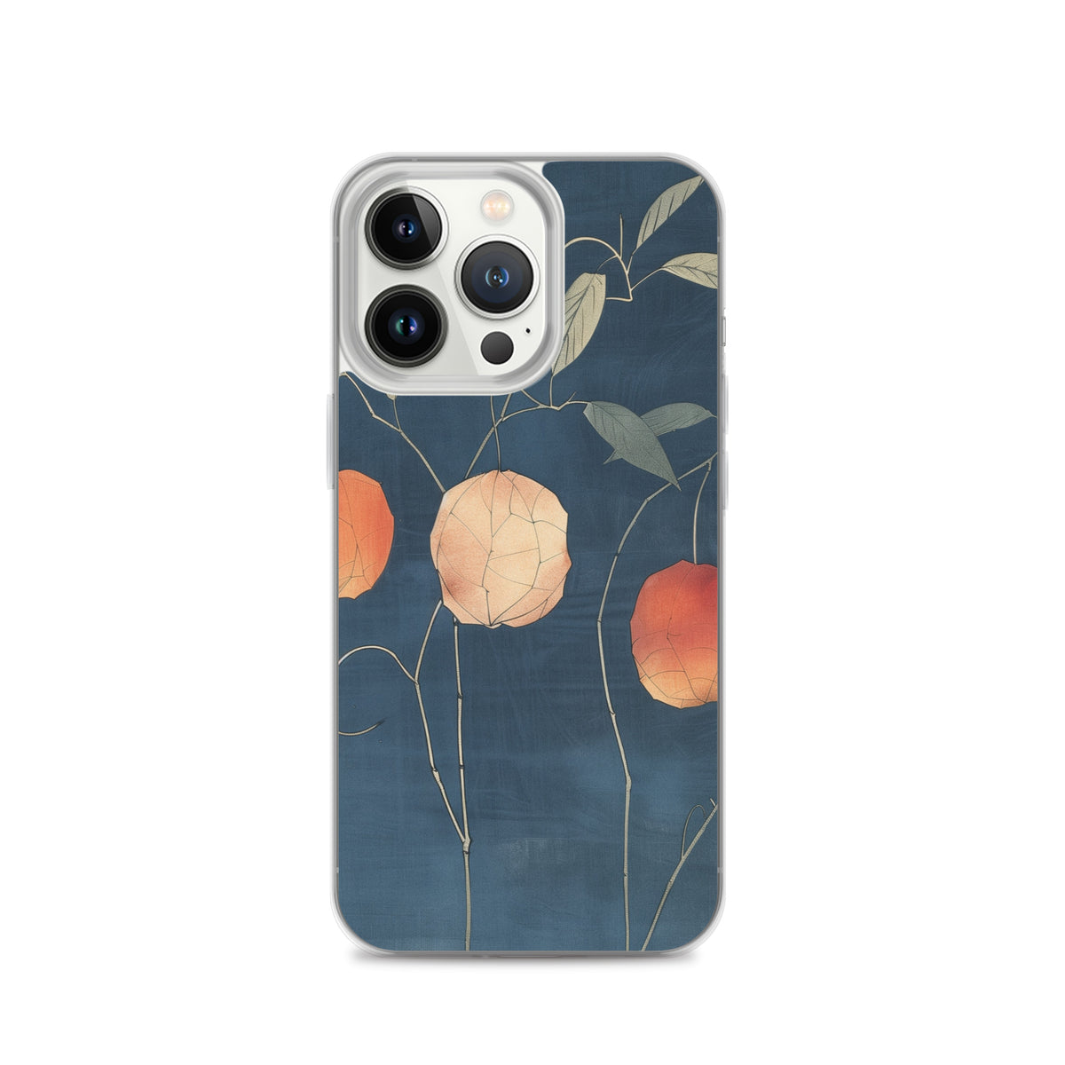 Clear iPhone case: Orange and pale ground cherries hang from slender stems against a deep blue background.