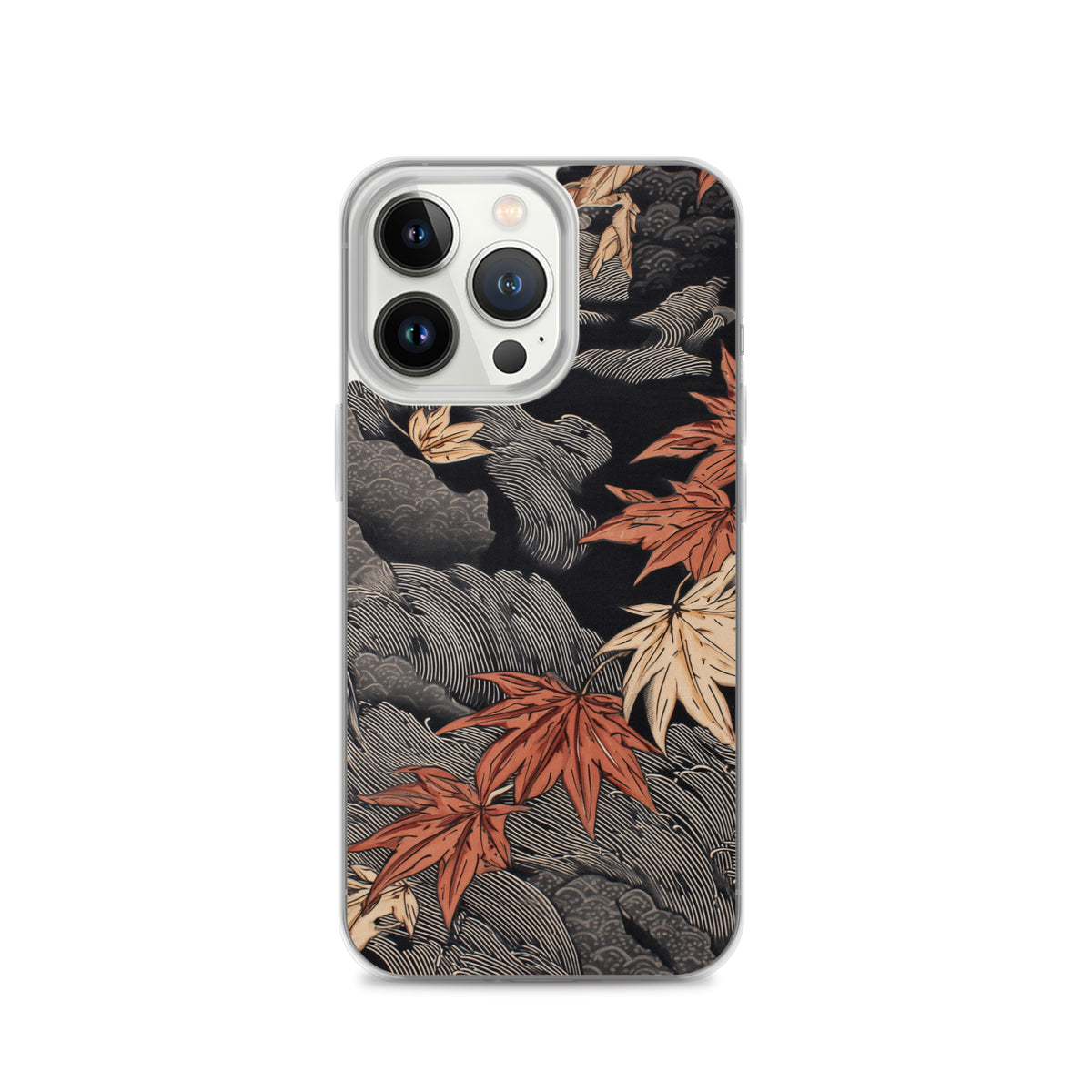 Clear iPhone case: Red and ochre maple leaves stretch across layered rocks and dark flowing water.