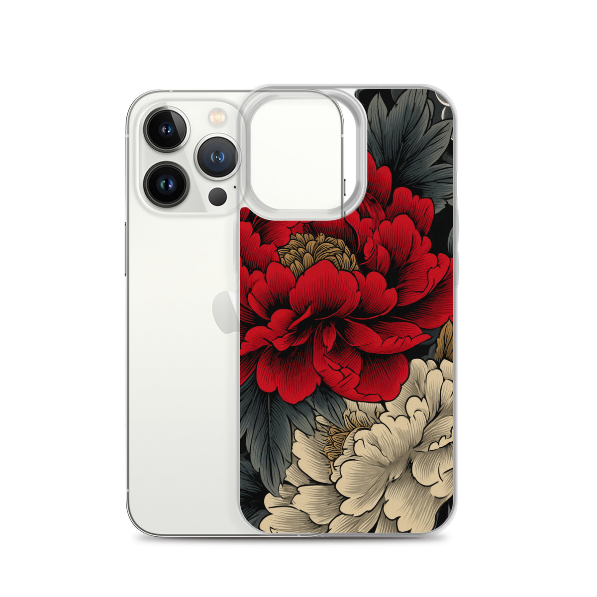 Clear iPhone case: Vermilion and ivory peonies stand out against dark leaves and curling ink-like clouds.