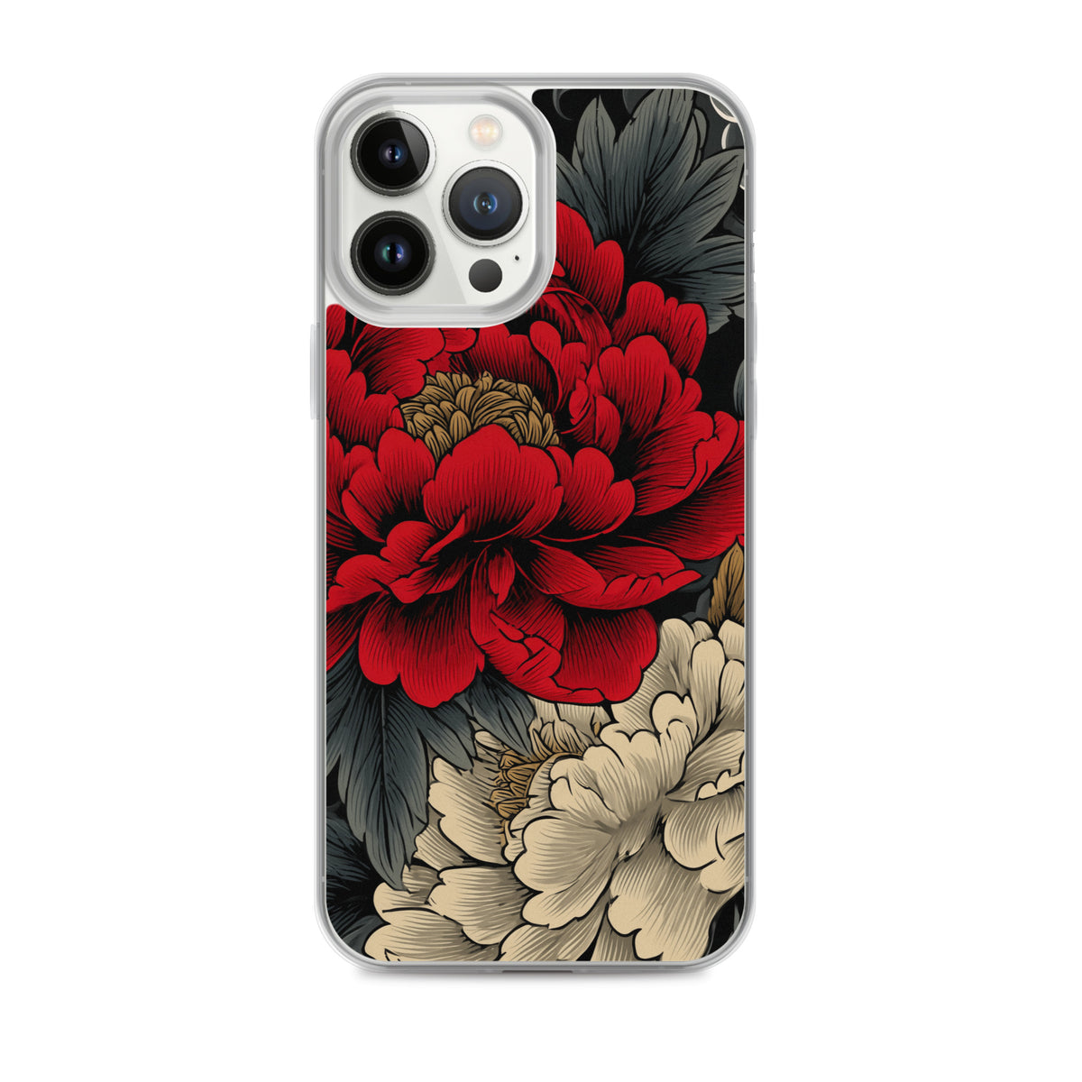 Clear iPhone case: Vermilion and ivory peonies stand out against dark leaves and curling ink-like clouds.