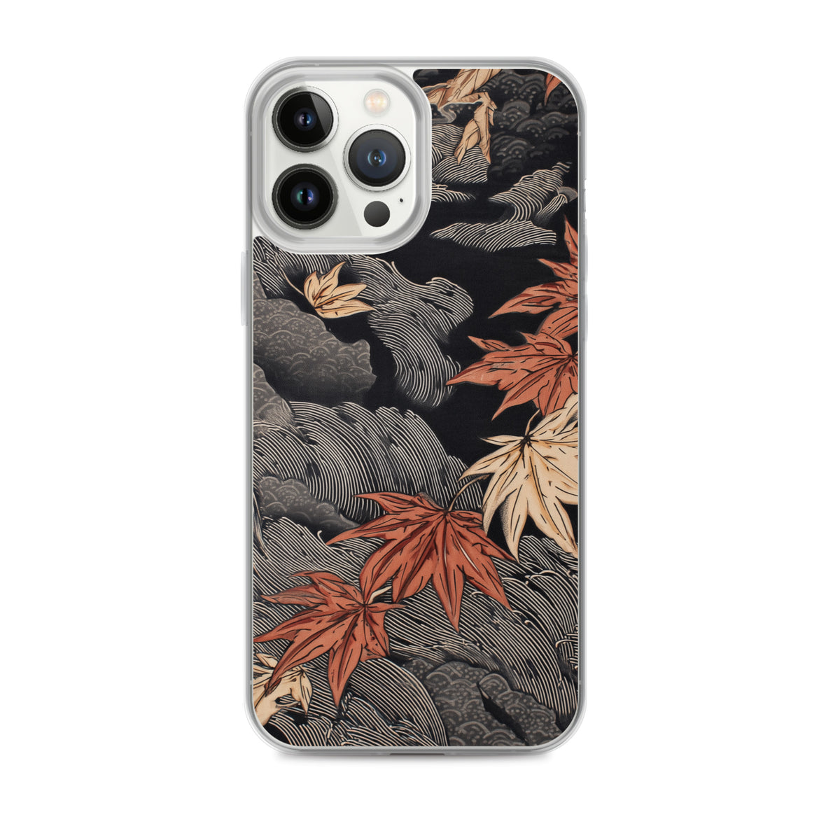 Clear iPhone case: Red and ochre maple leaves stretch across layered rocks and dark flowing water.