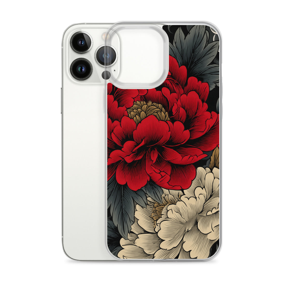 Clear iPhone case: Vermilion and ivory peonies stand out against dark leaves and curling ink-like clouds.