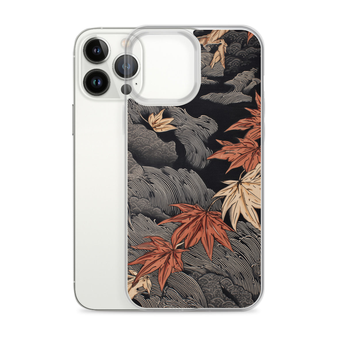 Clear iPhone case: Red and ochre maple leaves stretch across layered rocks and dark flowing water.