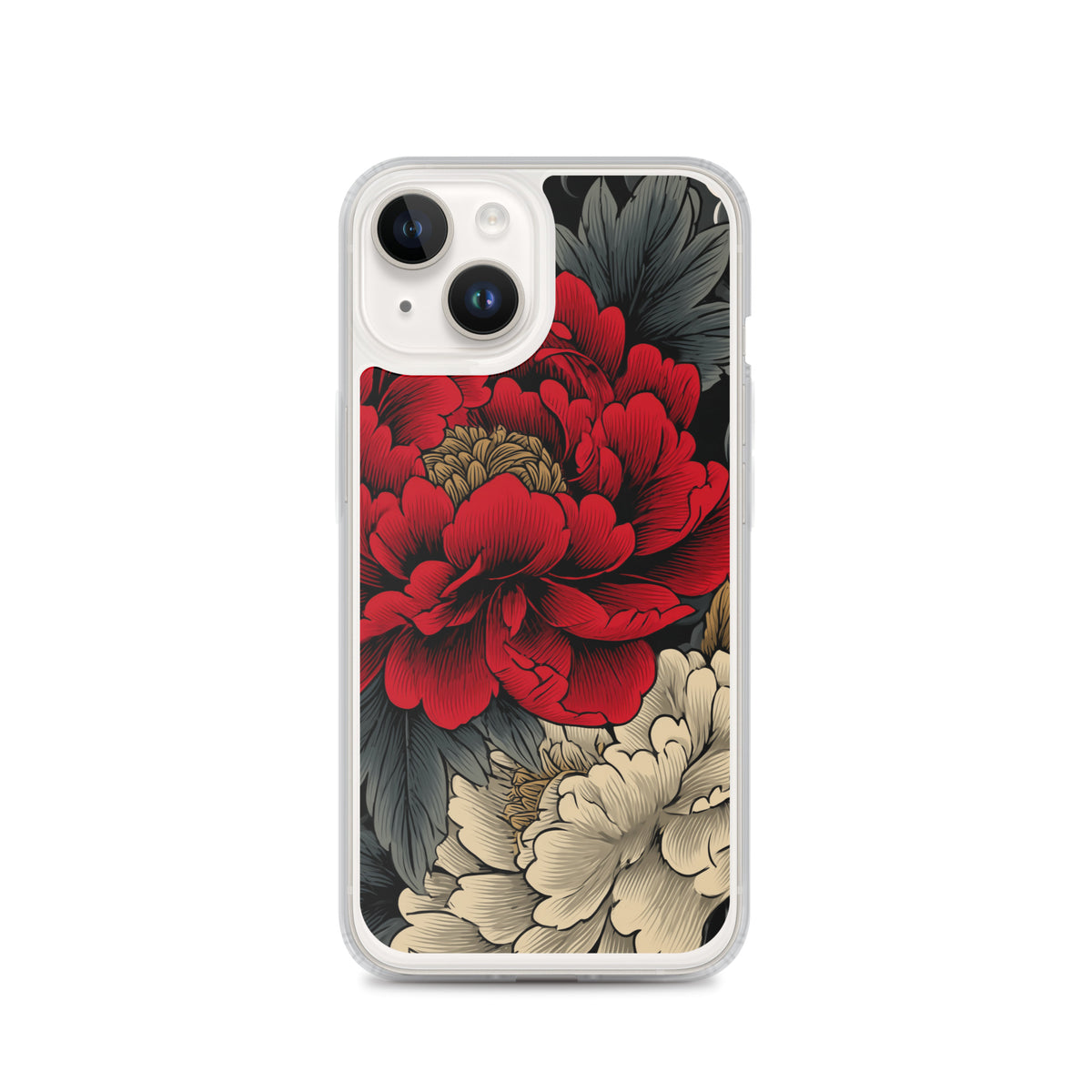 Clear iPhone case: Vermilion and ivory peonies stand out against dark leaves and curling ink-like clouds.