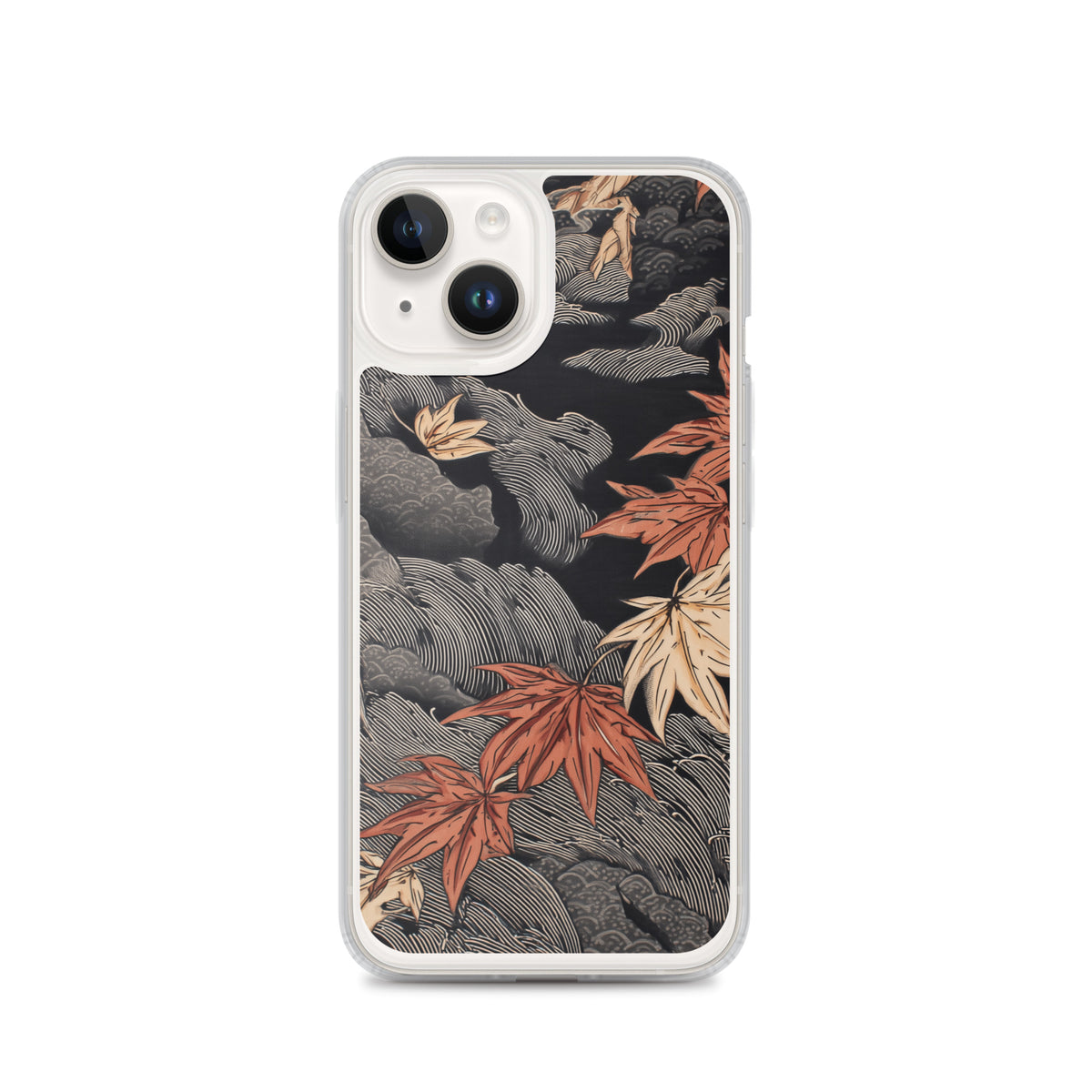 Clear iPhone case: Red and ochre maple leaves stretch across layered rocks and dark flowing water.
