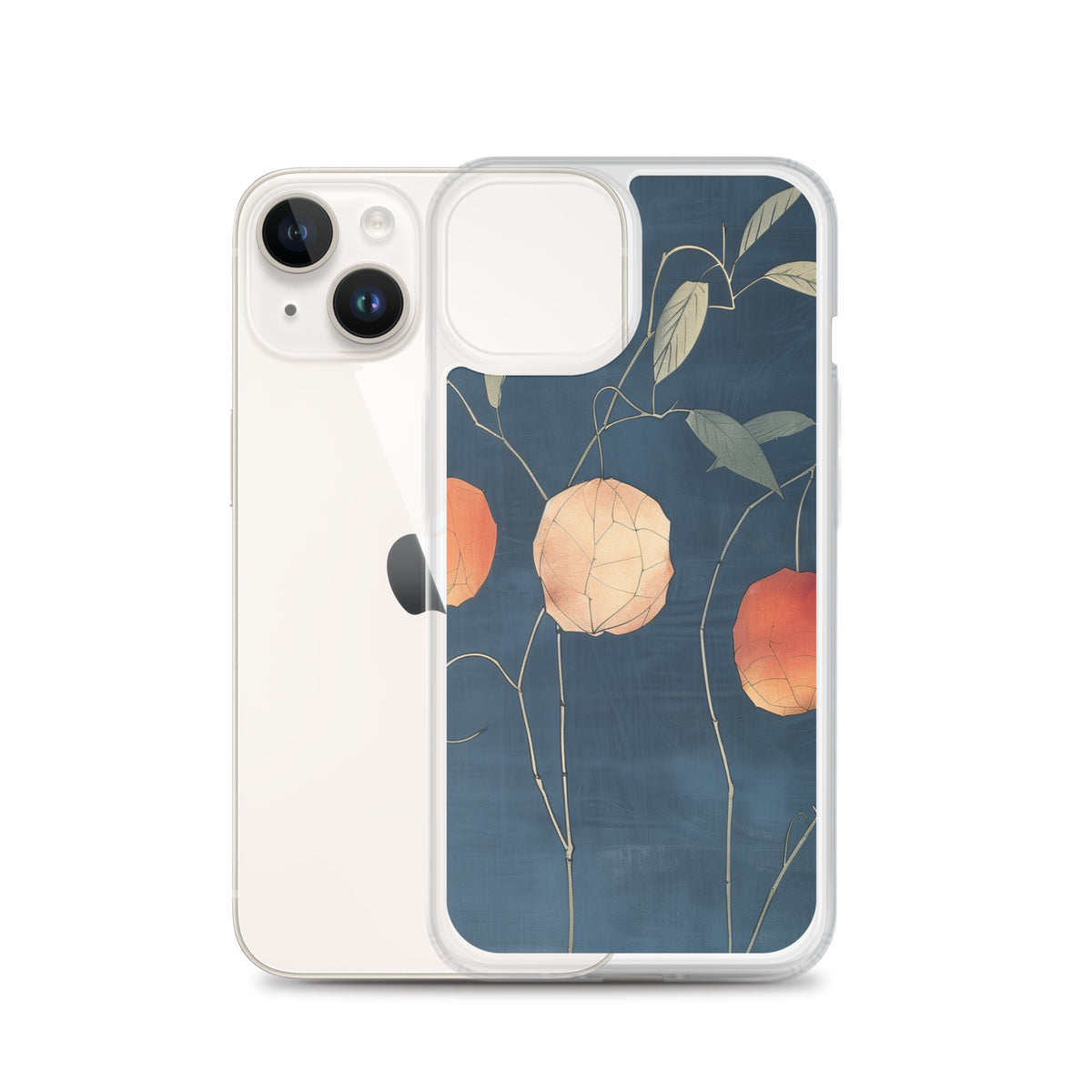 Clear iPhone case: Orange and pale ground cherries hang from slender stems against a deep blue background.
