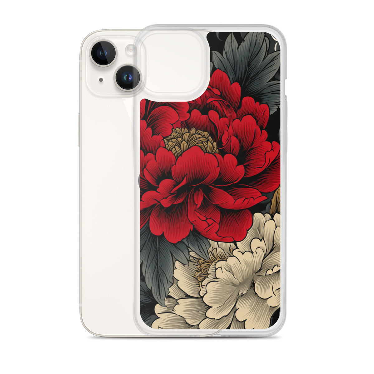Clear iPhone case: Vermilion and ivory peonies stand out against dark leaves and curling ink-like clouds.