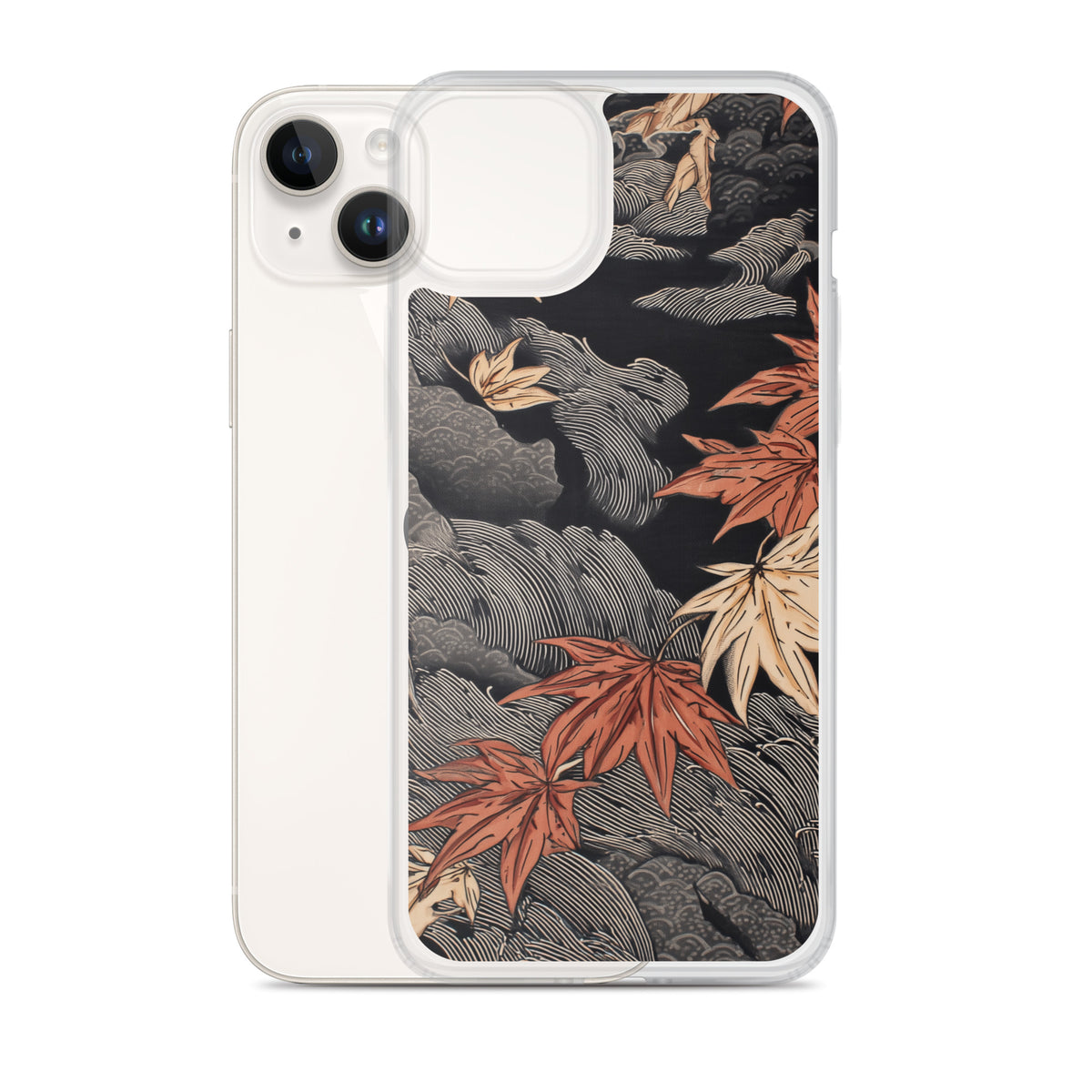 Clear iPhone case: Red and ochre maple leaves stretch across layered rocks and dark flowing water.