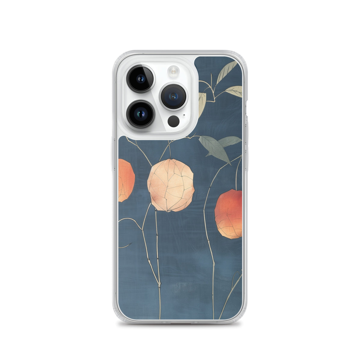 Clear iPhone case: Orange and pale ground cherries hang from slender stems against a deep blue background.