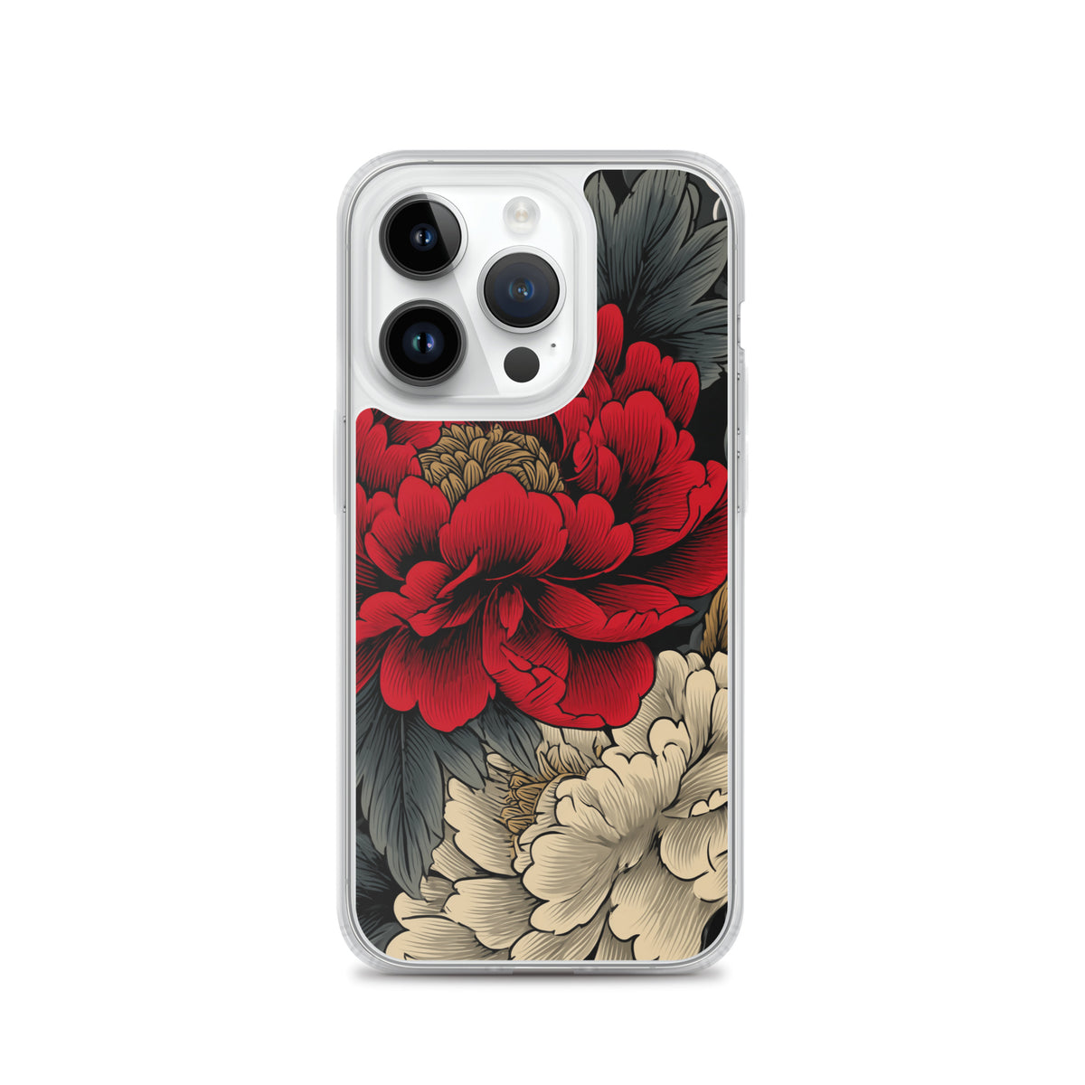 Clear iPhone case: Vermilion and ivory peonies stand out against dark leaves and curling ink-like clouds.