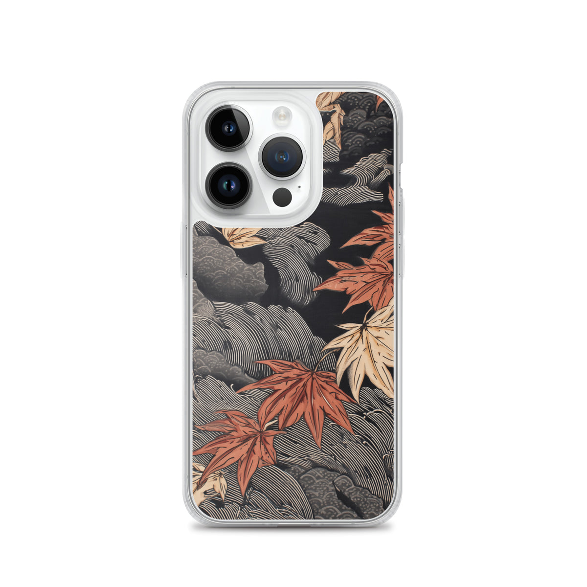 Clear iPhone case: Red and ochre maple leaves stretch across layered rocks and dark flowing water.