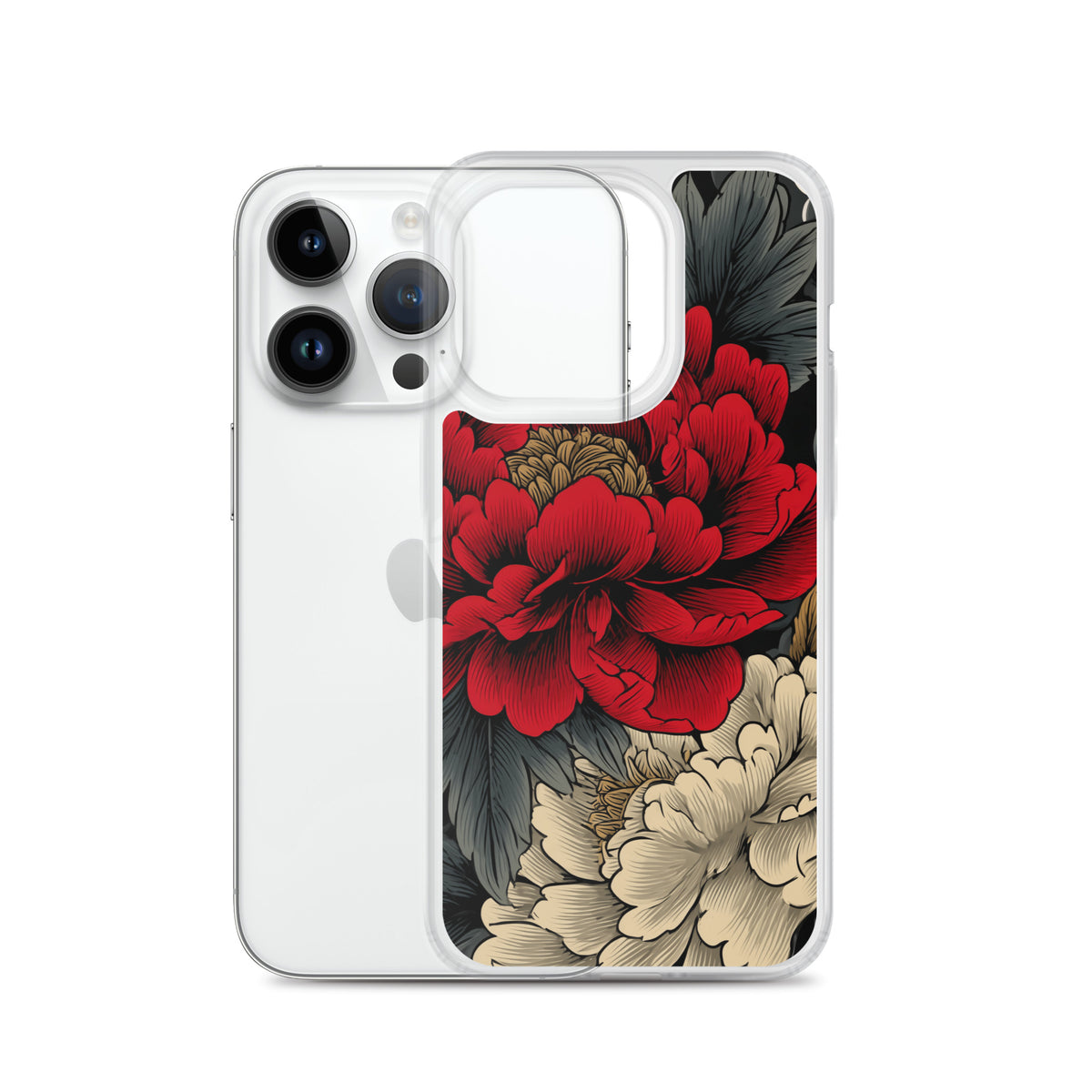 Clear iPhone case: Vermilion and ivory peonies stand out against dark leaves and curling ink-like clouds.