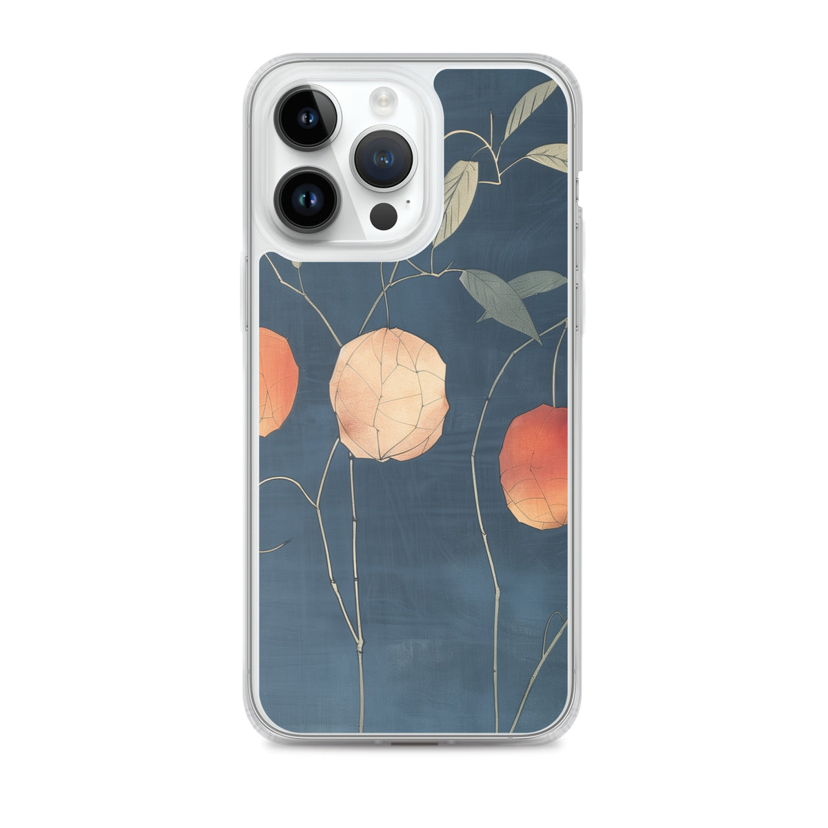 Clear iPhone case: Orange and pale ground cherries hang from slender stems against a deep blue background.