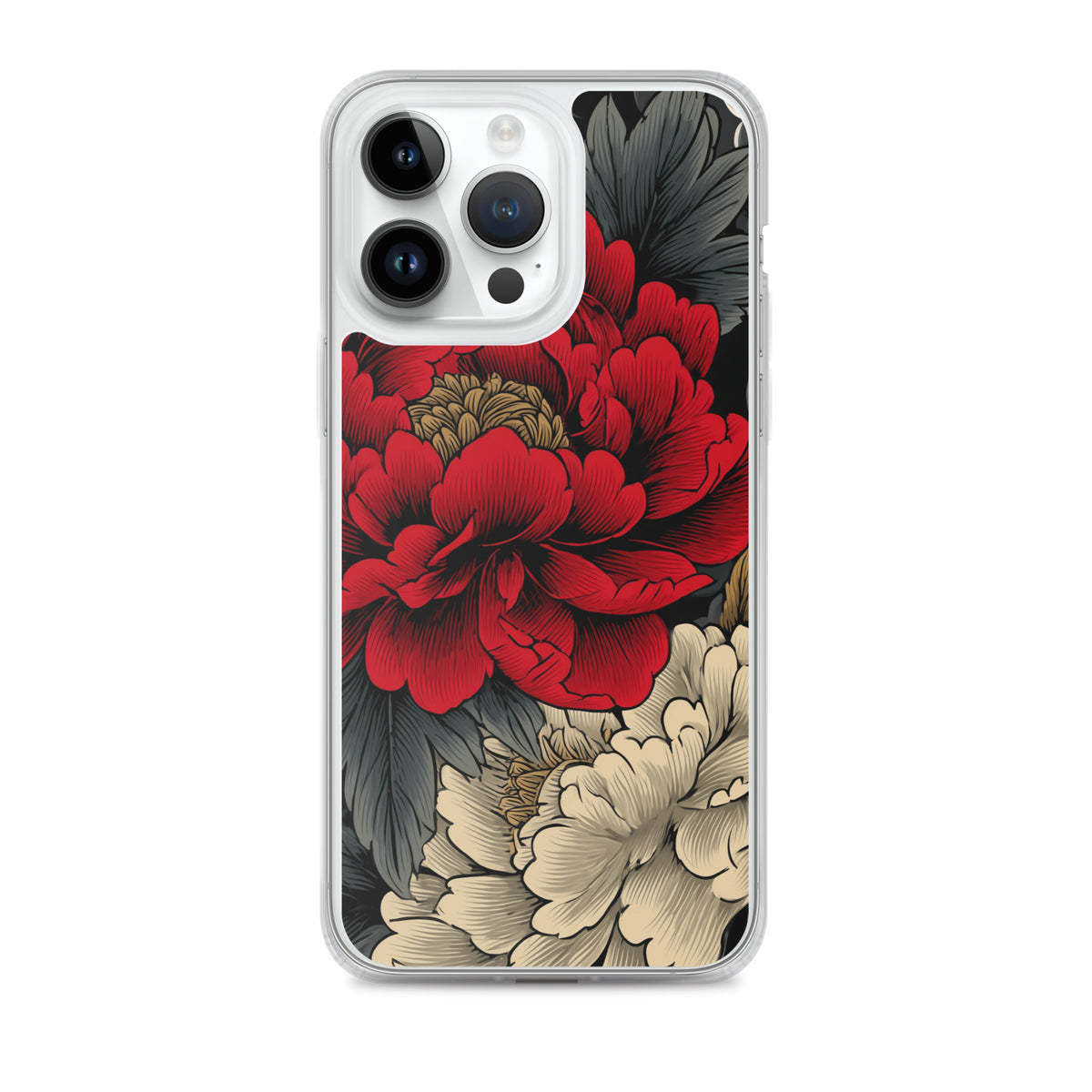 Clear iPhone case: Vermilion and ivory peonies stand out against dark leaves and curling ink-like clouds.