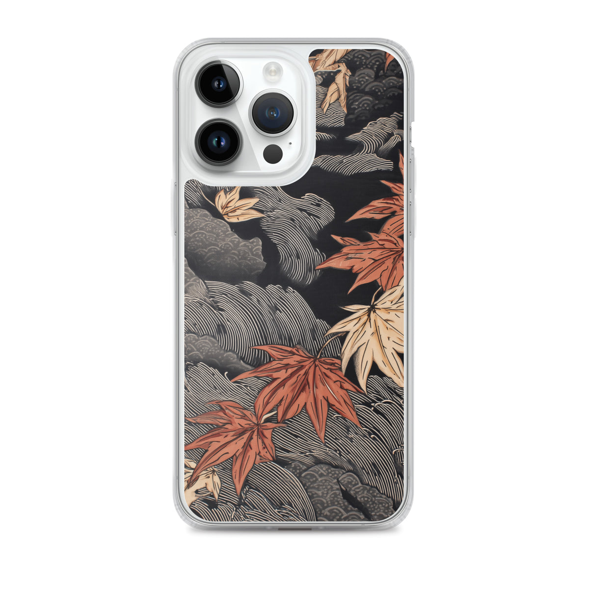 Clear iPhone case: Red and ochre maple leaves stretch across layered rocks and dark flowing water.