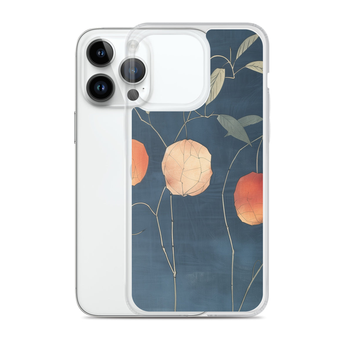 Clear iPhone case: Orange and pale ground cherries hang from slender stems against a deep blue background.
