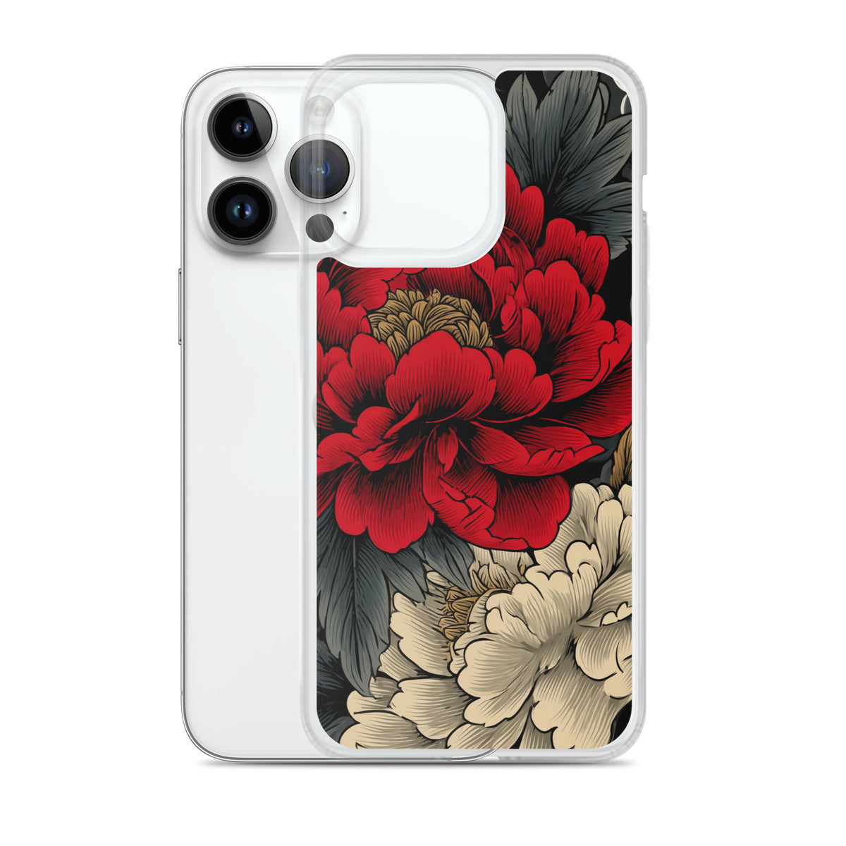 Clear iPhone case: Vermilion and ivory peonies stand out against dark leaves and curling ink-like clouds.