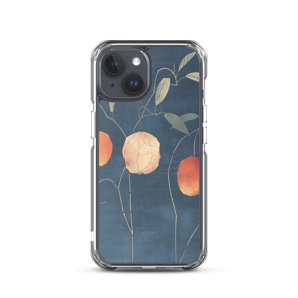 Clear iPhone case: Orange and pale ground cherries hang from slender stems against a deep blue background.