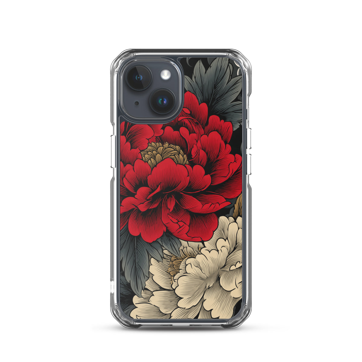 Clear iPhone case: Vermilion and ivory peonies stand out against dark leaves and curling ink-like clouds.