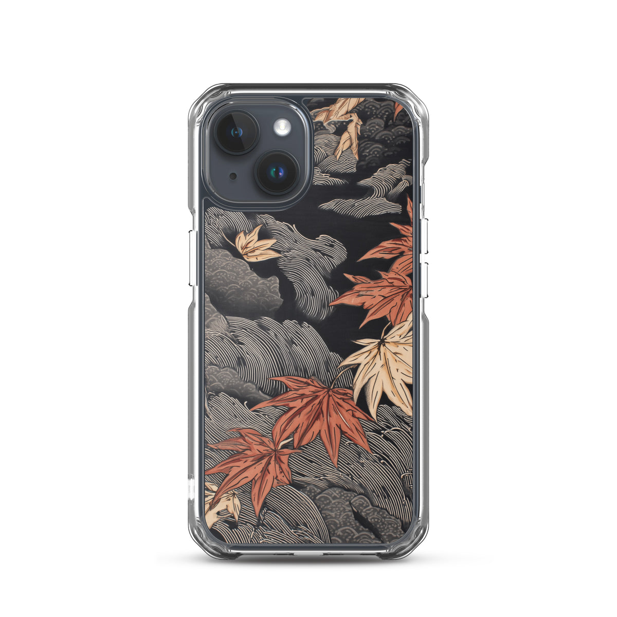Clear iPhone case: Red and ochre maple leaves stretch across layered rocks and dark flowing water.